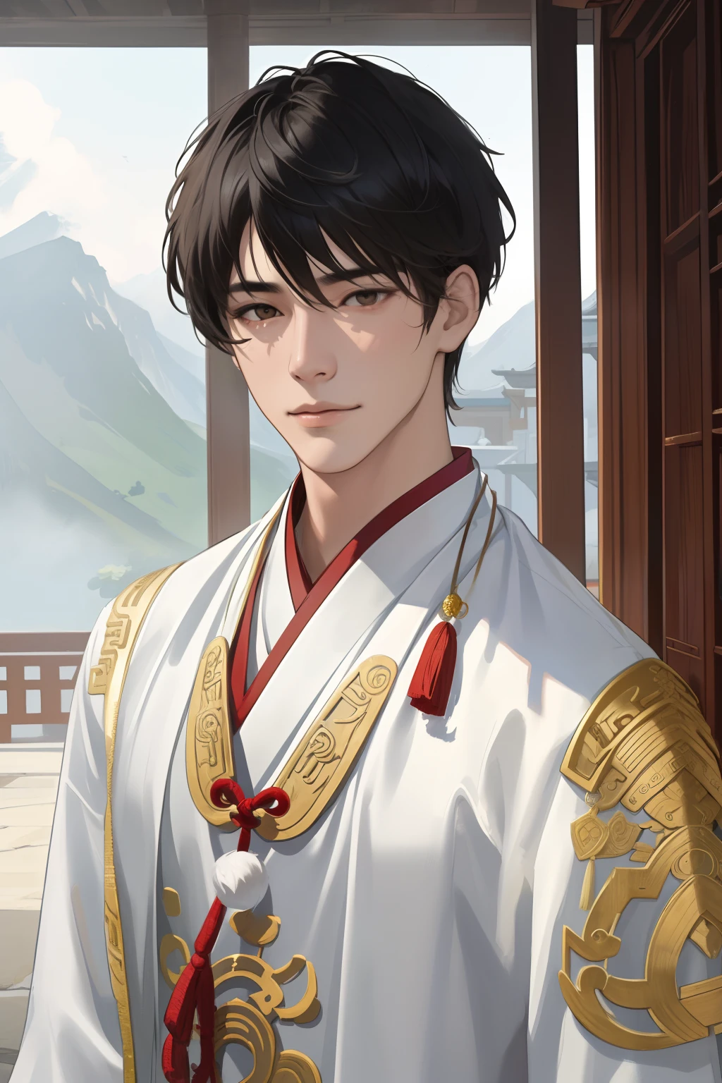 nsfw, masterpiece, best quality, ultra-detailed, semi-realistic, detailed facial features, 1boy, black hair, short hair, white eyes, wearing a detailed and intricate xianxia ancient clothes