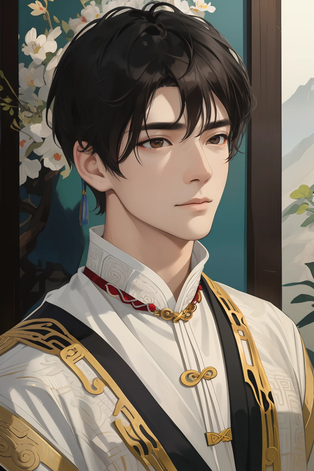 nsfw, masterpiece, best quality, ultra-detailed, semi-realistic, detailed facial features, 1boy, black hair, short hair, white eyes, wearing a detailed and intricate xianxia ancient clothes