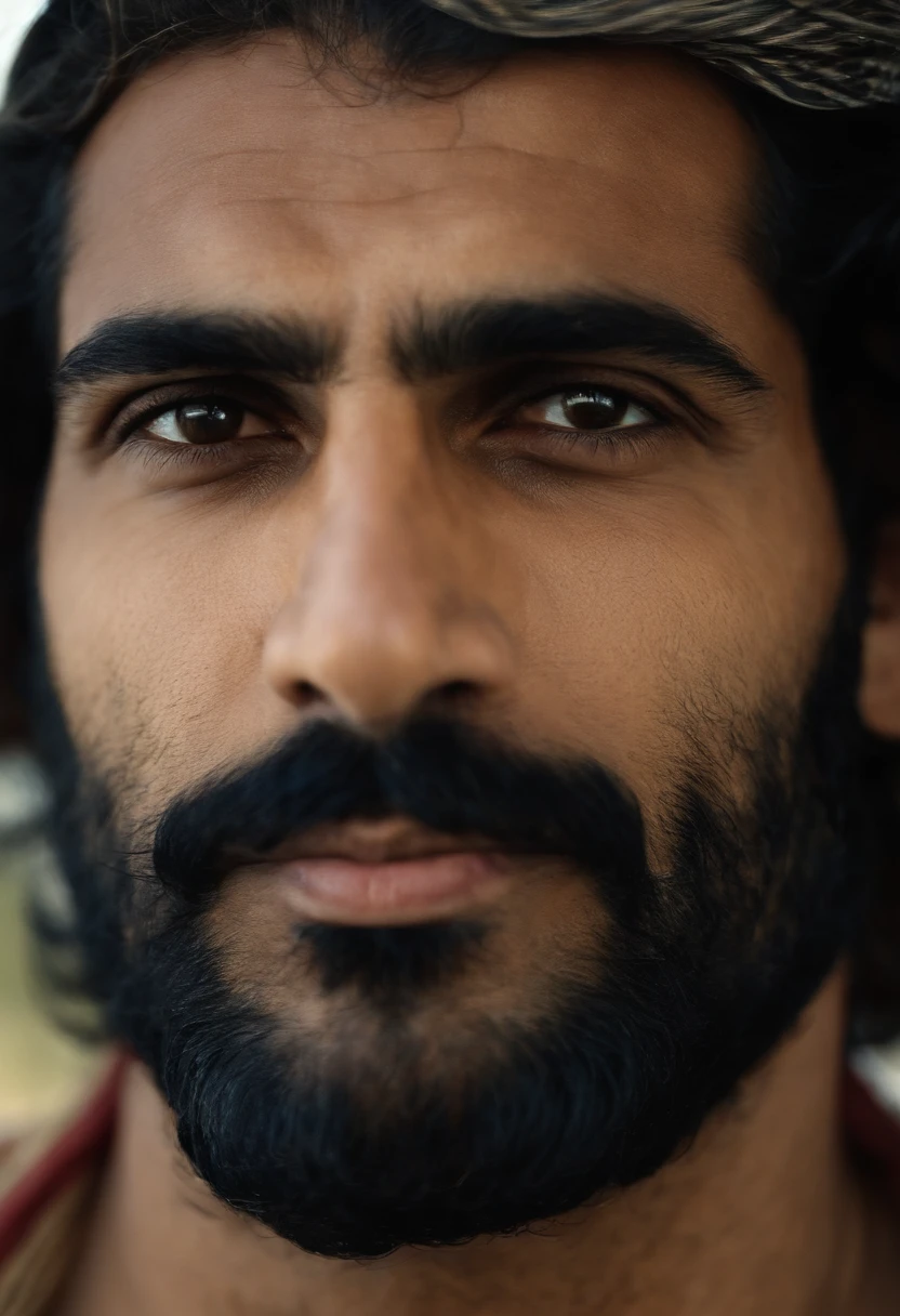 A closeup of the Syrian man's face, um corpo magro, Macho bonito, not shirt, peito peludo, Manly man, bigode 1980, manly