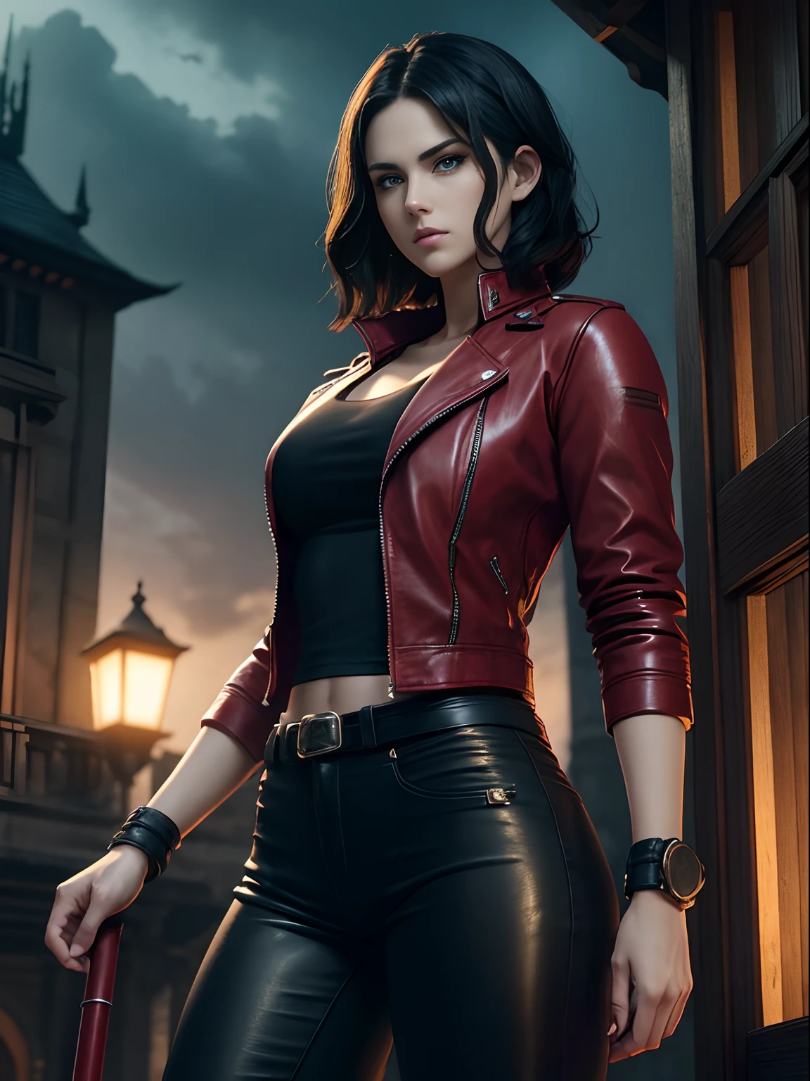 (Masterpiece), Anime Style, A Gorgeous 25 Years Old British Female Vampire Mercenary with Athletic Body, (Short, Wavy Bob Black Hair), (Wearing Red Leather Jacket, Black Tanktop, and Black Tight Pants), Pale Skin, Blue Eyes, Serious Looking, Dark Castle at Night, Centered, Waist-up Shot, View From Front, Intricate Face Detail, Sharp Lines, Flat Coloring, Master Composition, Incredibly Realistic Environment and Scene