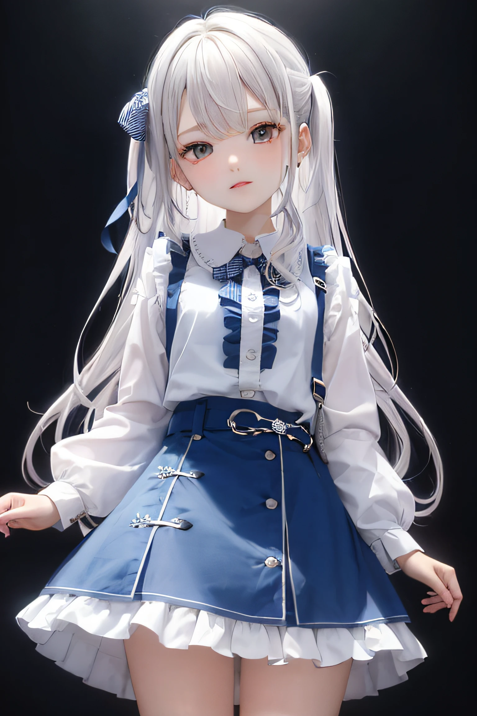 1girl, (masterpiece:1.1), (best quality:1.1), (white blouse:1.1), (plaid skirts:1.1), 校服, high waist skirt, BREAK [blue:pink:0.5] The subject, Idyllic background,nigh sky， cowboy lens, BREAK Silver, long whitr hair,, greene eyes, Delicate headgear, Side Body,
