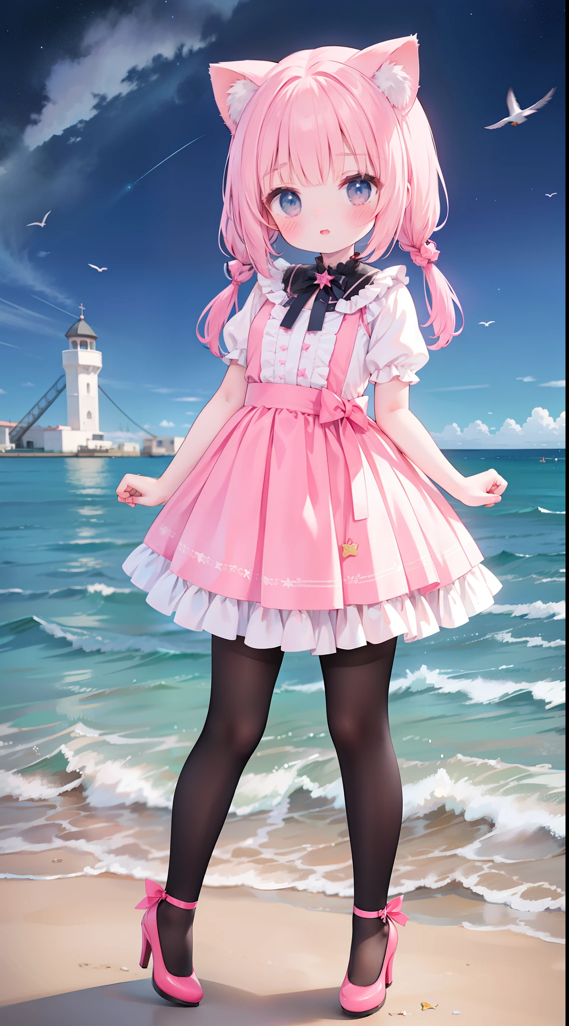 Wear beautiful clothes（Pink ****ta skirt）The *********** was cute，cat ear，coda，Tied with a ball head，hair tying up，lacepantyhose，red high heel pumps，dynamicposes，photographed，Pose，Holding a glowing star by the sea，seagulls，Full body photo