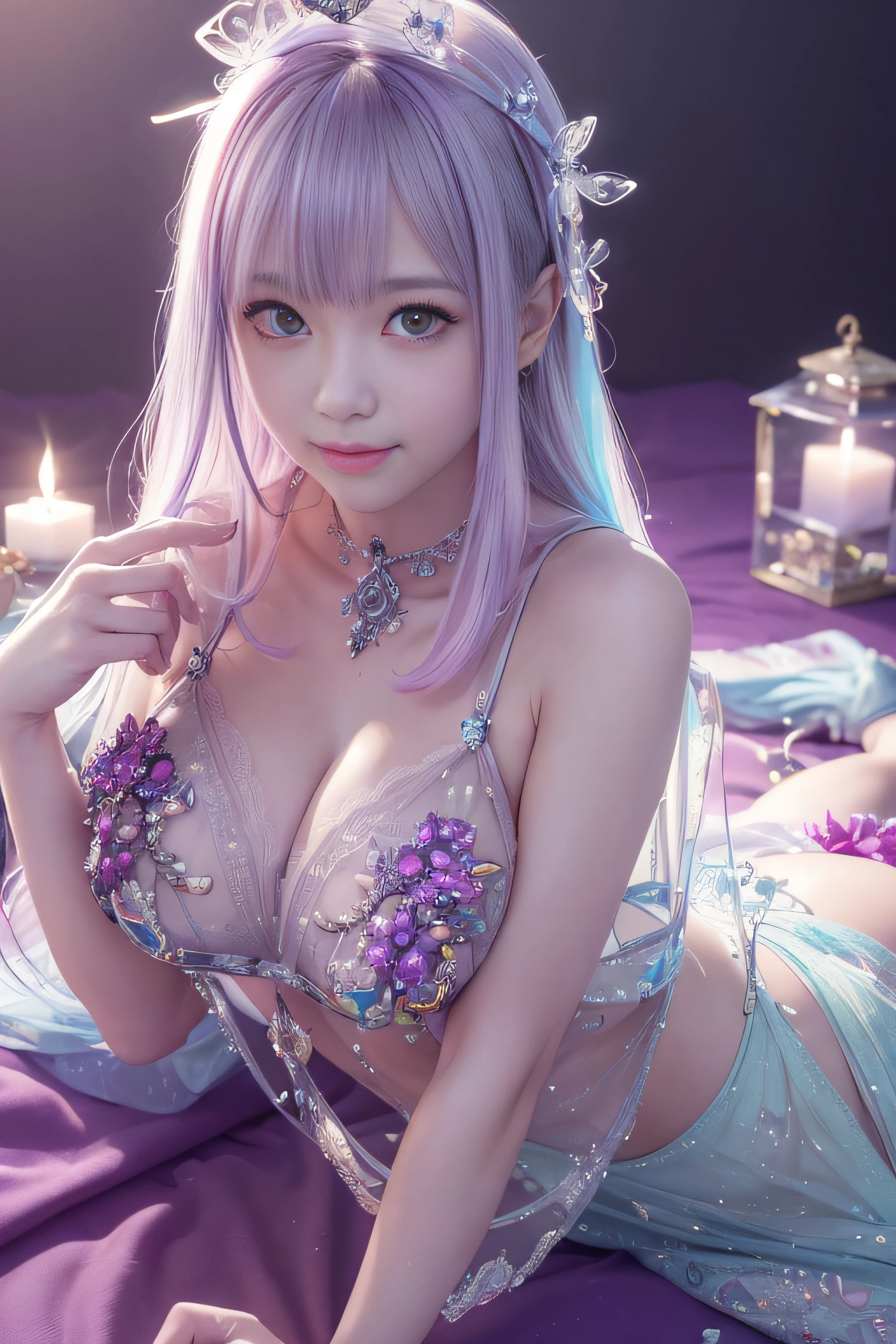 2 otome、kawaii、(shorttwintail)、(((Details of intricate ornaments on the chest)))、(((colorlesstransparentlatexlarge-format:1.4)))、Small mechanical launch port on the chest、(((Large transparent resin :1.4)))、((super realistic details))、globalillumination、Shadow、a purple eye、radiant eyes、Facing the camera、neon details、sitting on、(purple color lighting:1.2)、portlate、Raw photo、top-quality、masterpiece、超A high resolution、(Photorealsitic:1.4)、octan render、8K picture quality、ultrasharp、Details of complex ornaments、highly intricate detail、Realistic light、Beautie、A slight smil、Cute smile、Glass flowers、(((leaning down)))