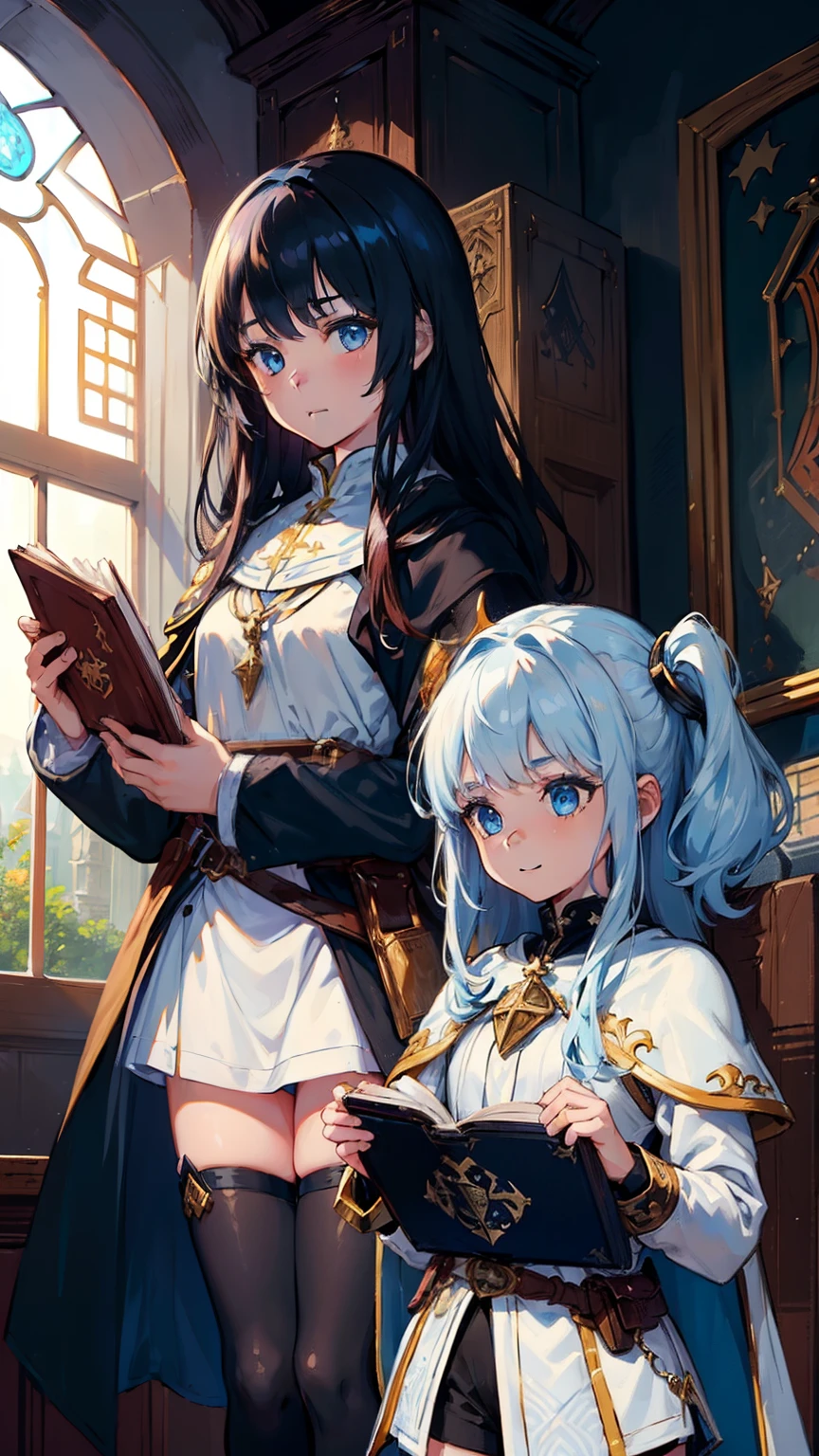 (((((2 girls))))), masterpiece, ultra detailed, 8K Portrait, Raw photo, girls photography, full body, Highly detailed face, ((Fantasy)), , (((classmates))), smile, various hairstyles and hair color, (((white long tunic with a single vertical blue line))), (((black shorts))), (((white cape with coat of arms))), (((little waist hip pouch))), leather boots, various pose, ((holding magic book)), In the classroom of the medieval magic school, Midday Sun, Hyper realistic, Ambient lighting, Shadow details , Camera focus on face, strong breeze, Light fog