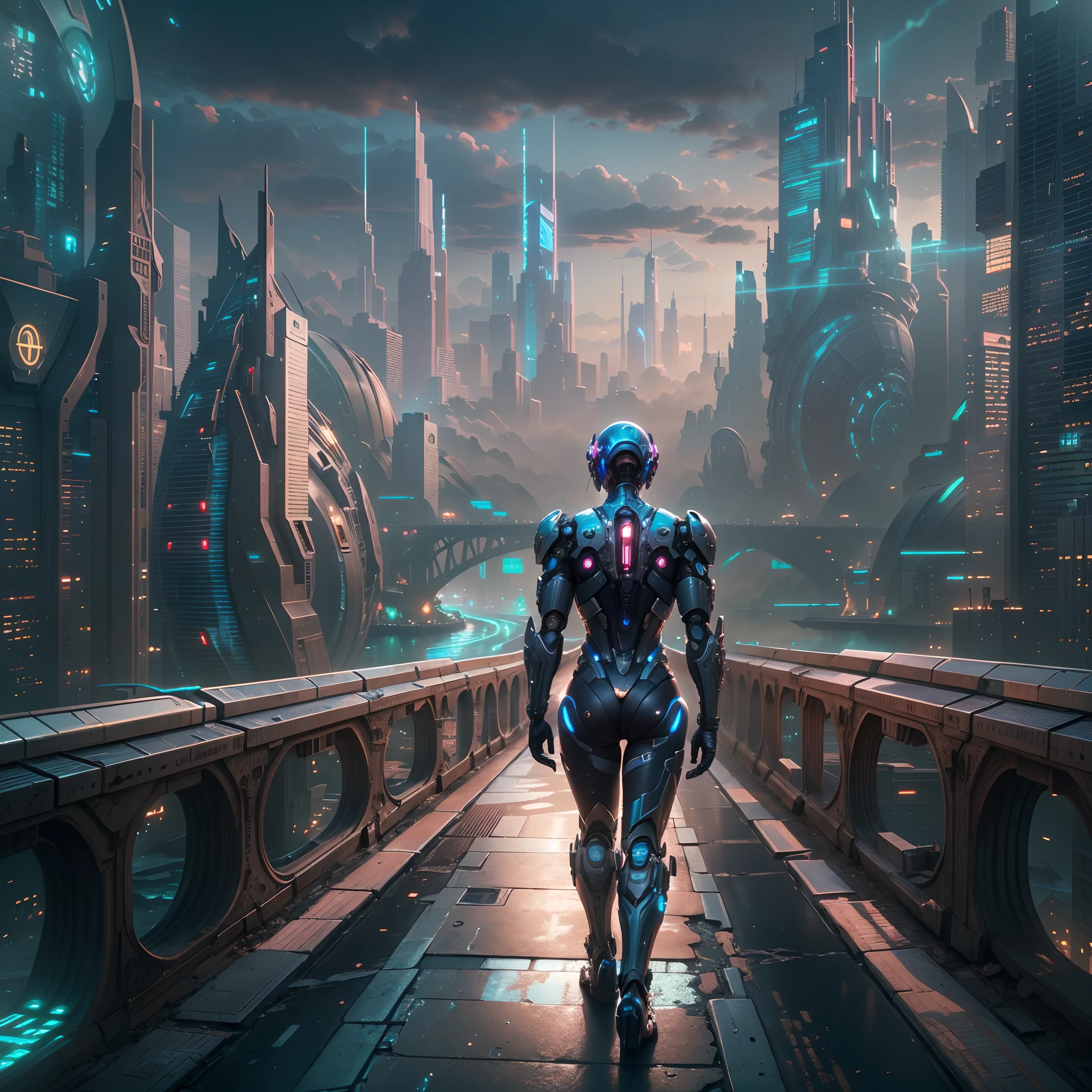 (The CG of 8k unit wallpaper is extremely detailed, Masterpiece, Best quality, Ultra-detailed), (((Solo)))), ((Extremely wide lens:1.15)), A cyborg looks at a sci-fi city in the distance from a bridge, ((Back view)), ((full bodyesbian)), (High detail), (Intricate details), Intricate, Magnificent scene, Detailed environment, highly detailed environments, Illustrator, (Masterpiece).