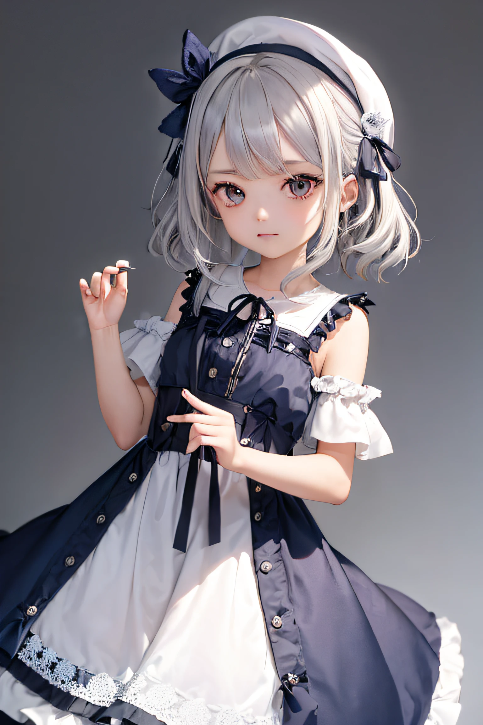 1girl in, (masutepiece:1.1), (Best Quality:1.1),Summer dress, BREAK Theme, (Gradient background :1.1), Cowboy Shots, Break Silver Hair, length hair, , verd s eyes, sideways Facing,