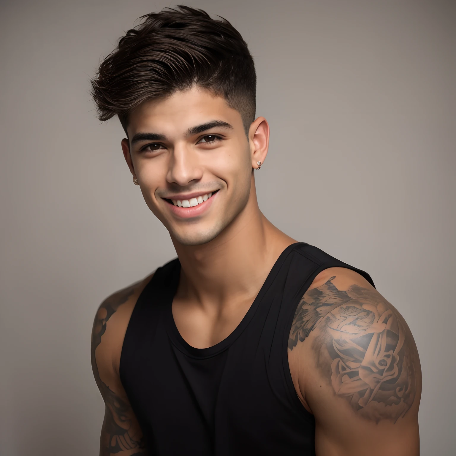 Boy with tattoo on his arms and a black tank top, jovem bonito, Jovem com rosto bonito, um rapaz bonito, cabelo castanho curto, cabelos castanhos e olhos castanhos, jovem bonito, jovem atraente, rapaz magro com pele bronzeada clara, macho atraente, rosto bonito, rosto atraente, Macho sorridente, bonito rosto atraente, rapaz atraente, modelo masculino, retrato do jovem bonito, Noah Centineo 8k