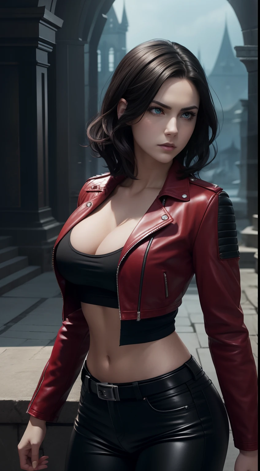 (Masterpiece), Anime Style, A Gorgeous 25 Years Old British Female Vampire Mercenary with Athletic Body, (Short, Wavy Bob Black Hair), (Wearing Red Leather Jacket, Black Tanktop, and Black Tight Pants), Pale Skin, Blue Eyes, Serious Looking, Dark Castle at Night, Centered, Waist-up Shot, View From Front, Intricate Face Detail, Sharp Lines, Flat Coloring, Master Composition, Incredibly Realistic Environment and Scene