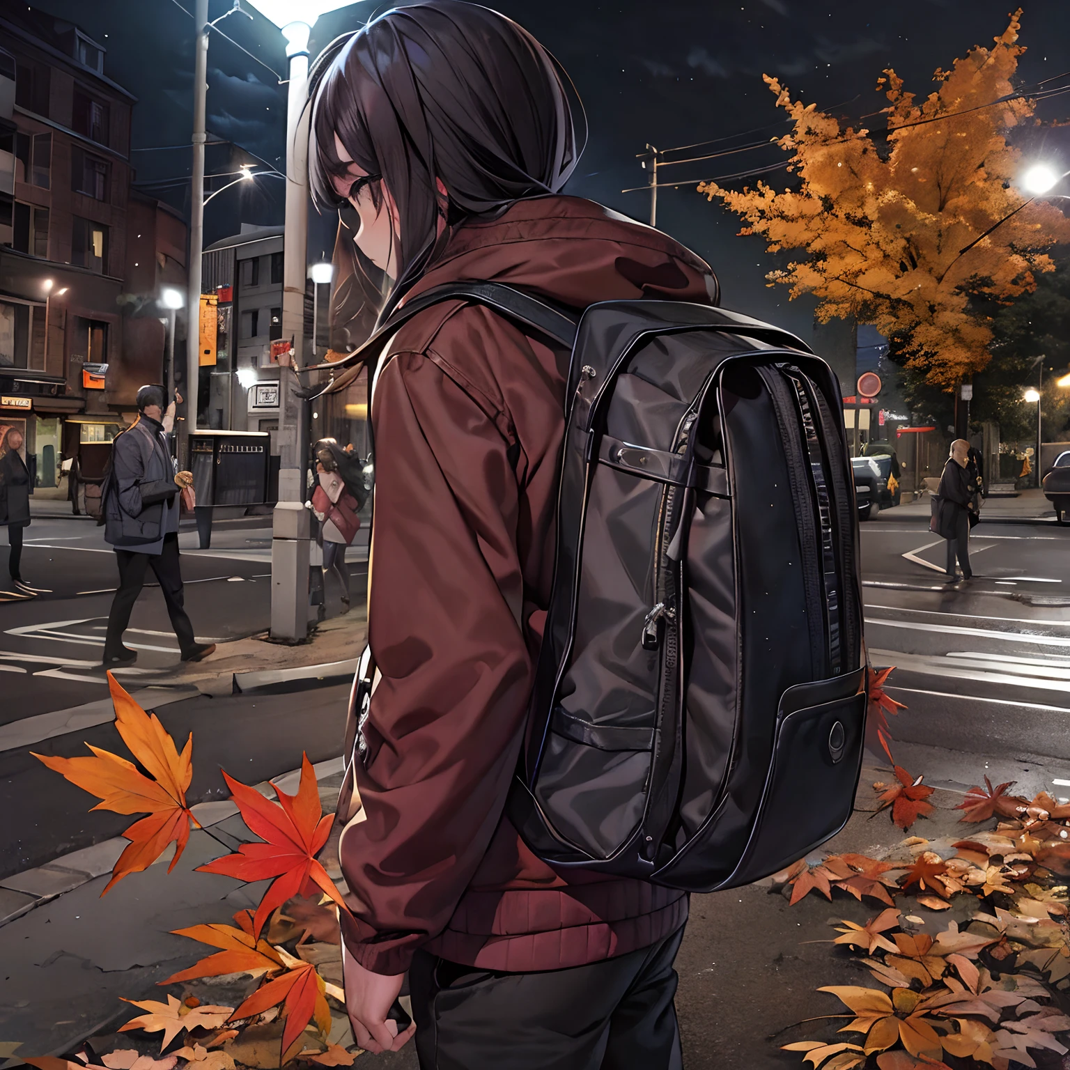 On autumn nights,Maple leaves fall,In modern metropolises,There was a teenager with a black backpack on his back,Stand in the middle of the intersection,The crowd walked past him,Roadside lights shone on his backpack