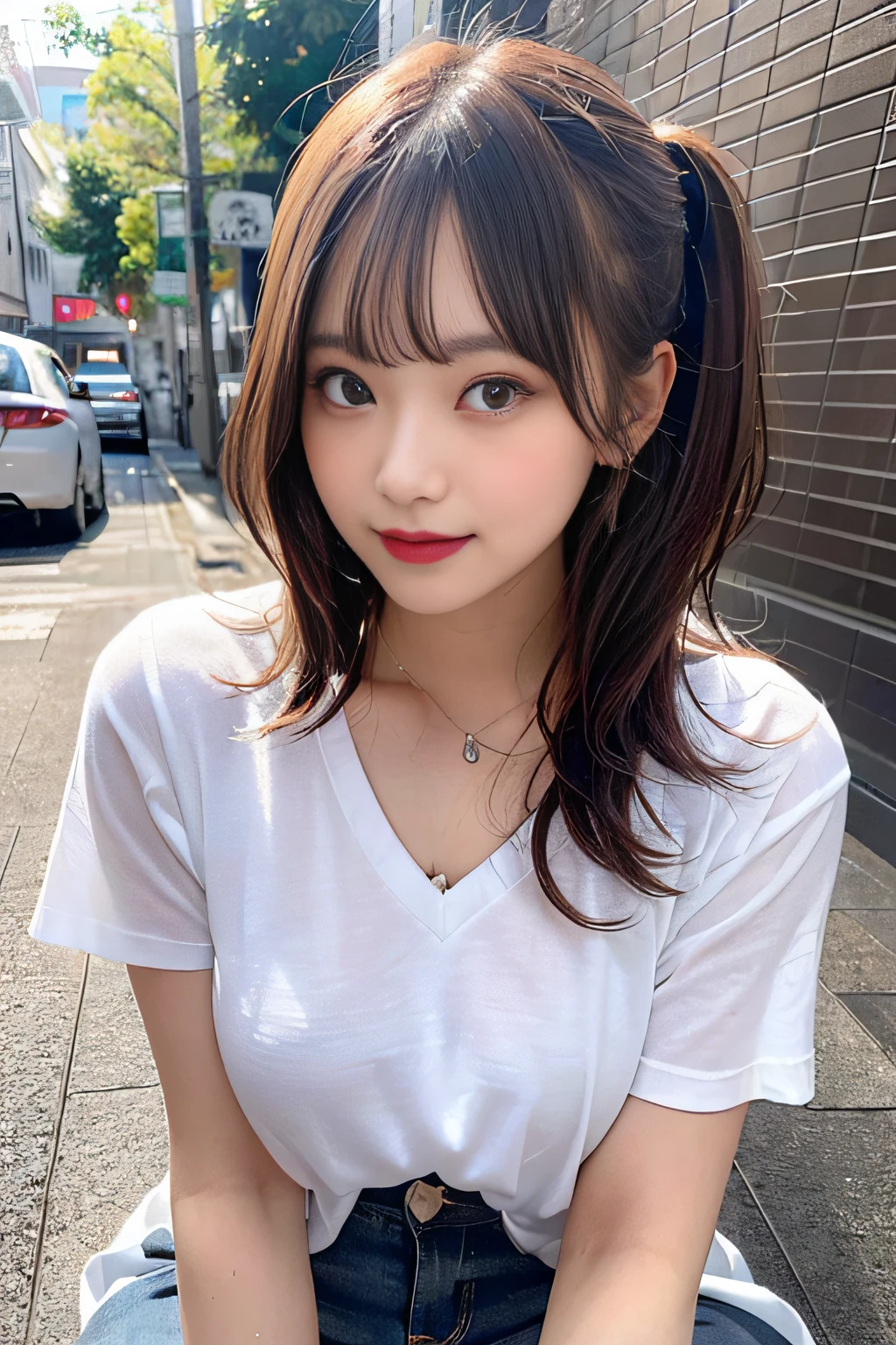 sologirl,Back alley in heavy rain,Drenched bad girl,piercings,a necklace,(White V-neck T-shirt with large dowels emphasizing drenched breasts:1.3),(Drenched, Torn and tattered damaged jeans:1.3),(The whole body is soaking wet,Rainwater dripping from the face,Wet face,wetting hair,Wet and glowing skin,Soaking wet costumes,),(Shiny silver and orange hair,Short ponytail),(The composition of the princess's face,big eye,Pointed lips,red lipsticks,Cute round face,A smile that makes the viewer happy,blushing with embarrassment,red blush,),(Bold poses,(The 8k quality,masutepiece,top-quality,Ultra-high resolution output image,),intricate detailes,(Highly detailed raw photos:1.3),(Image Mode Ultra HD),crouching down,