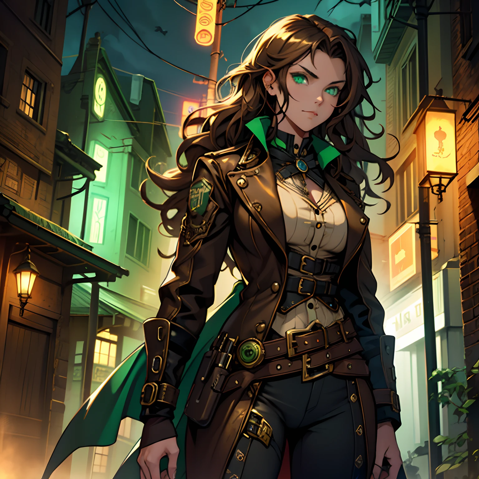Badass Woman. Green Eyes. Long Curly Brown Hair. Alone. Steampunk Style. Steampunk City at night. Dark Night. Green Aura
