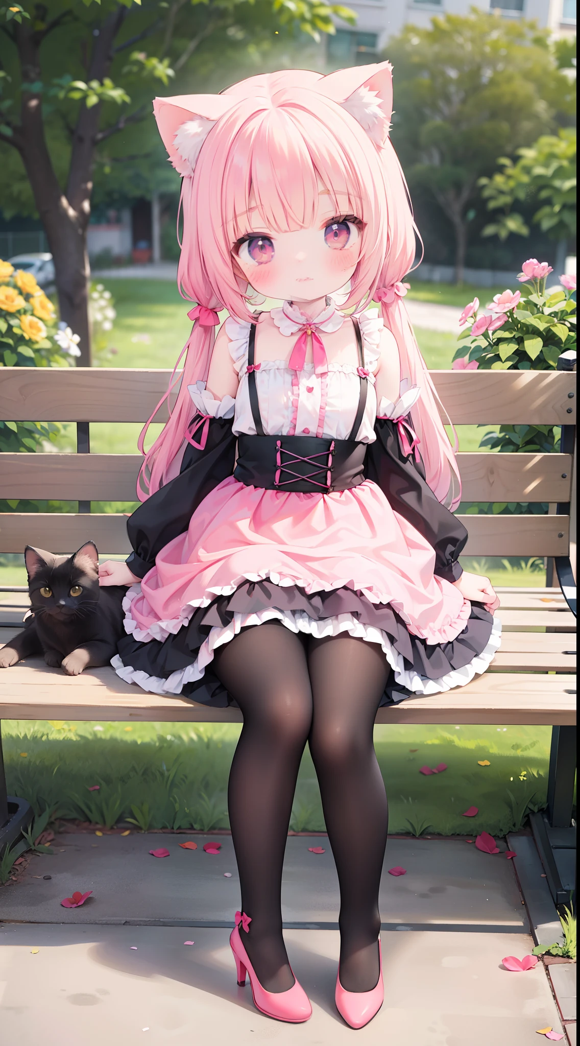 Wear beautiful clothes（Pink Lolita skirt）The  girl was cute，cat ear，coda，Tied with a ball head，hair tying up，lacepantyhose，red high heel pumps，dynamicposes，photographed，Pose，Sit Pose，Full body photo