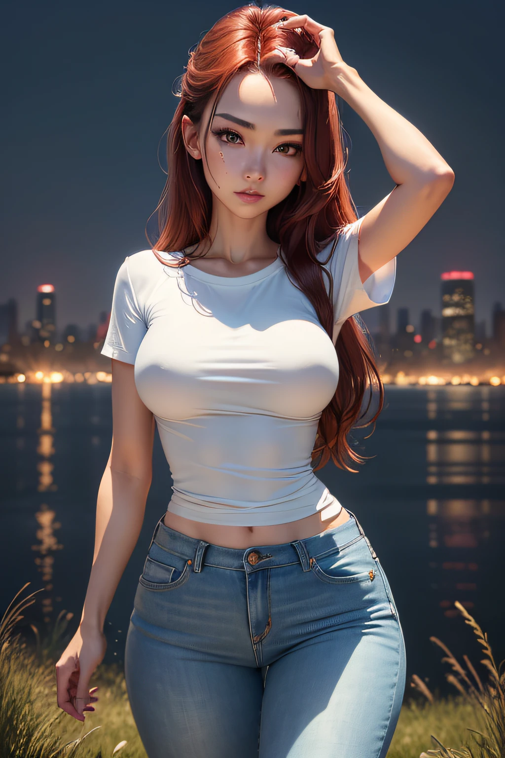 ((mid night、top-quality、8k、​masterpiece:1.3)), long legged, Sharp focus:1.2, Beautiful woman with perfect body shape:1.4, Slender Abs:1.1, ((dark red  hair、huge breasts:1.2)), (White tight t-shirt、Tight skinny jeans 、is standing:1.2), ((Night City View、in a meadow:1.3)), Highly detailed facial and skin texture, A detailed eye,