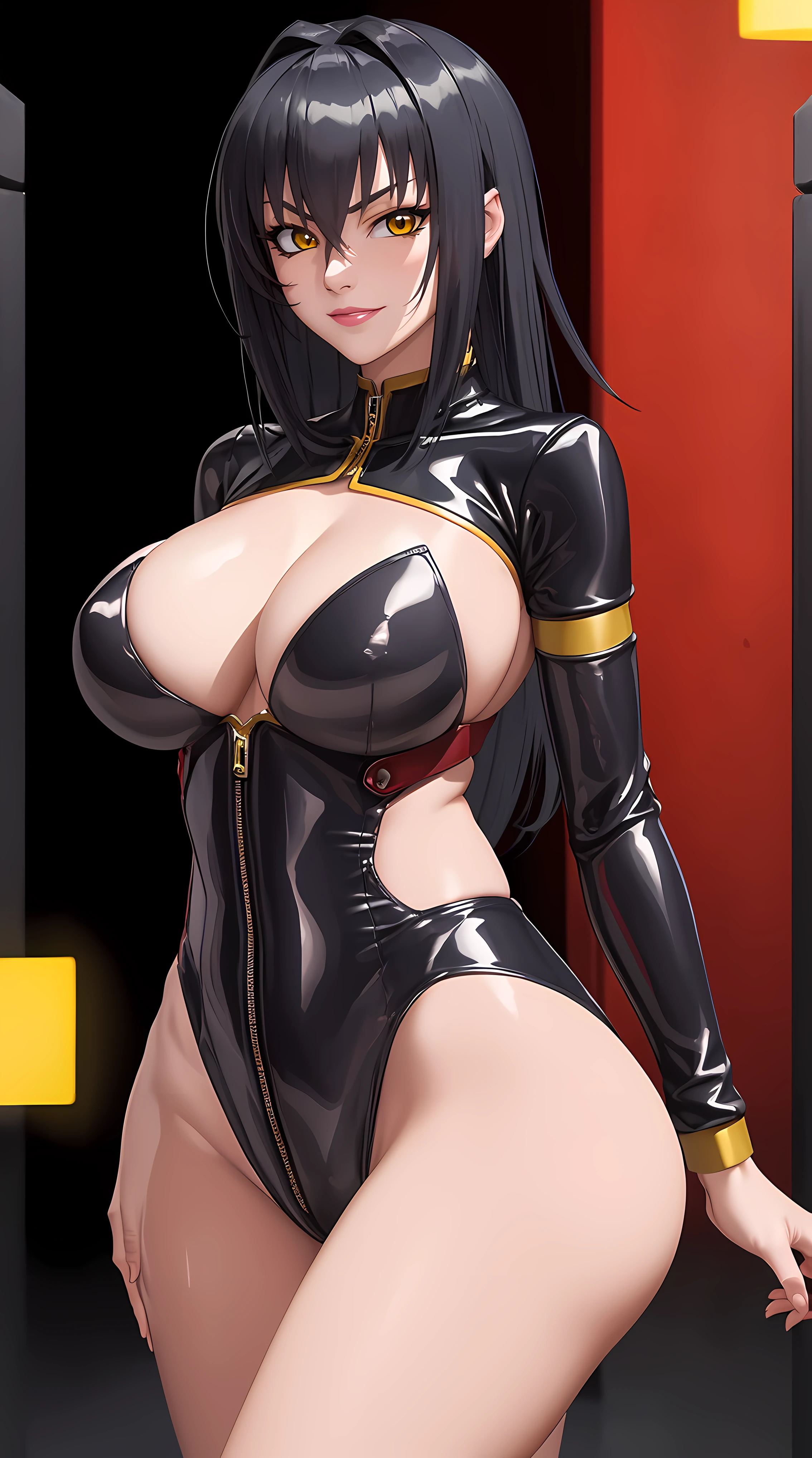 (masterpiece:1.4),(best quality:1.4), beautiful face, beautiful eyes, 1girl, solo, female mature, black hair, long hair, (yellow eyes), large breasts, black latex suit, ((night vibe background)), hair intakes, exquisite eyes detail, exquisite character design details 8k HDR, professional art, landscape, (solo:1.5, 1girl:1.4, cowboy shot:1.5), milf, 35 years old girl, seductive, (looking at viewer, smug), Annerose