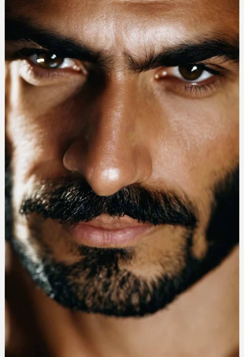 A close-up of the Syrian's face, um corpo magro, Macho bonito, not shirt, peito peludo, Manly man, bigode 1980, manly