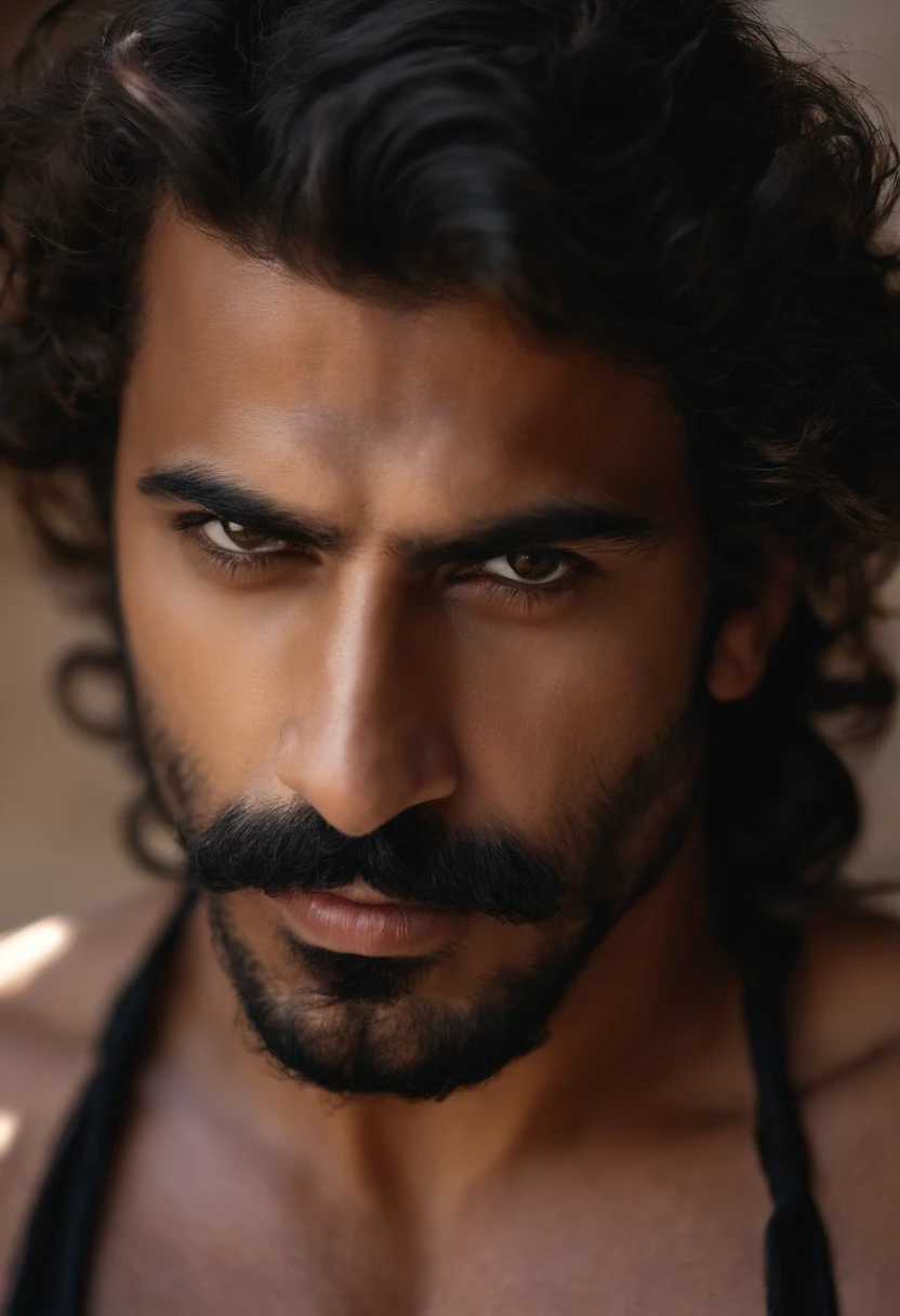 A close-up of the Syrian's face, um corpo magro, Macho bonito, not shirt, peito peludo, Manly man, bigode 1980, manly