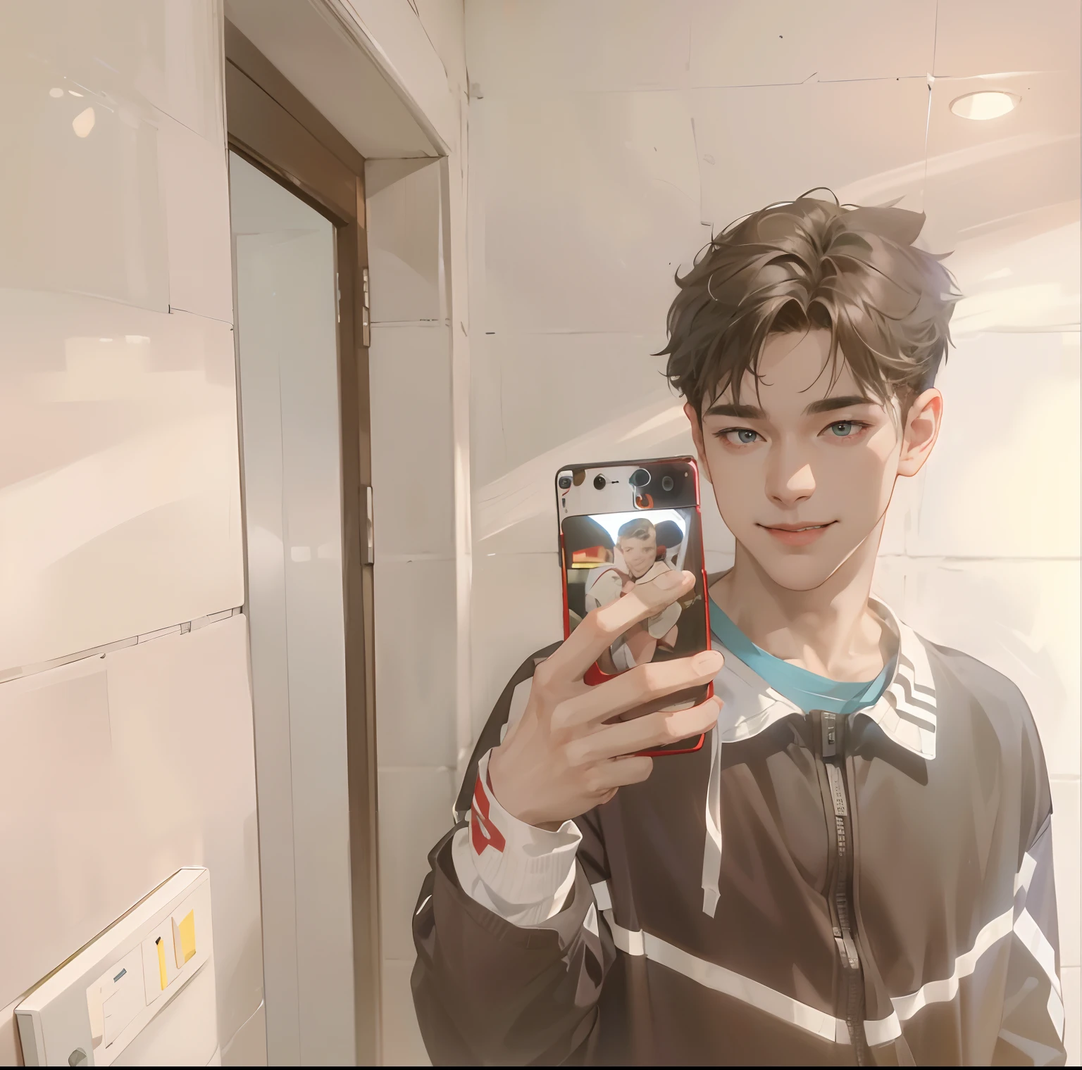 (absurdres, highres, ultra detailed, HDR), masterpiece, best quality, 1boy, handsome, short hair, finely eye and detailed face, (white t-shirt), (red jacket), dimple, night street, night city, midnight, selfie shot, light smile