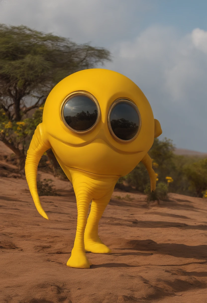 alien planet, paisagem extraterrestre, Acidente, yellow sky, foco principal, sozinho, olhos grandes, round-eyed alien, friendly alien, round yellow alien, Felpudo, pelo amarelo, fofo, alien life form, cores vibrantes, flora de cor amarela,