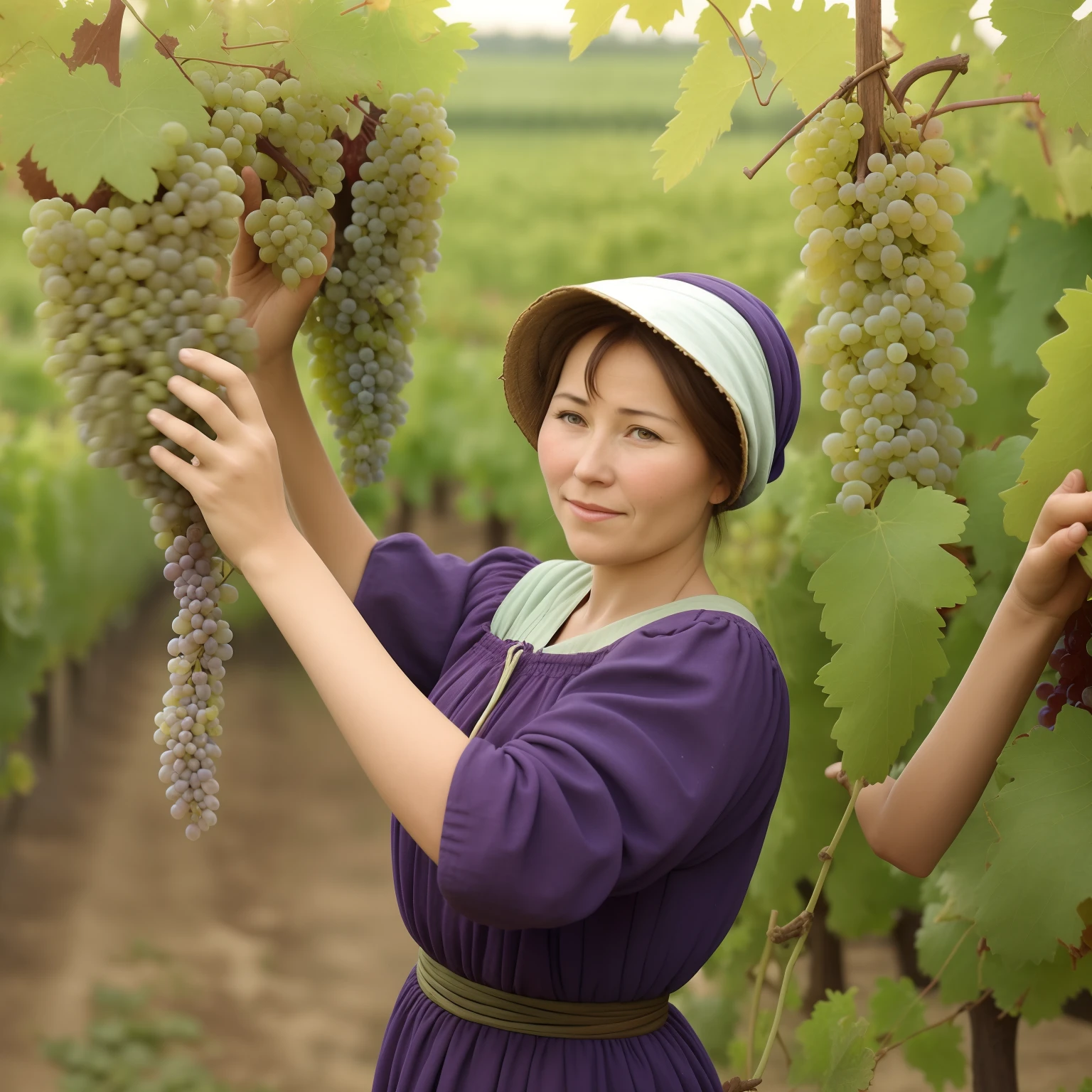 There are many grapes hanging from the vine in the field, A beautiful peasant woman is picking the grapes,