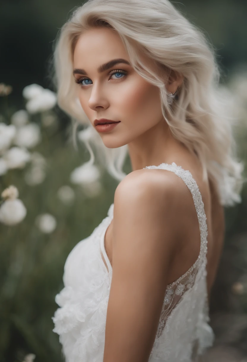 Albino feminino, 18 anos, cara bonita, Pele branca e fina, Pearl White Hair, Pearl White Eyebrows, white eyelashes long pearls, olhos vermelhos brilhantes, bochechas vermelhas cereja, Cherry red lips, slender neck, membros longos e esguios. , corpo esguio, seios grandes, cor de cereja , Large cherry-colored areolas, large round buttocks, cintura extremamente fina, barriga firme, pearl white pubic hair, Minora grossa cor de cereja, wearing nothing, nu, Glamouroso, Erotic, luz natural, Standing on a path in the woods, morning, nevoeiro profundo, super sharp focus, tiro realista, super high resolution, Hugs black man rosto redondo