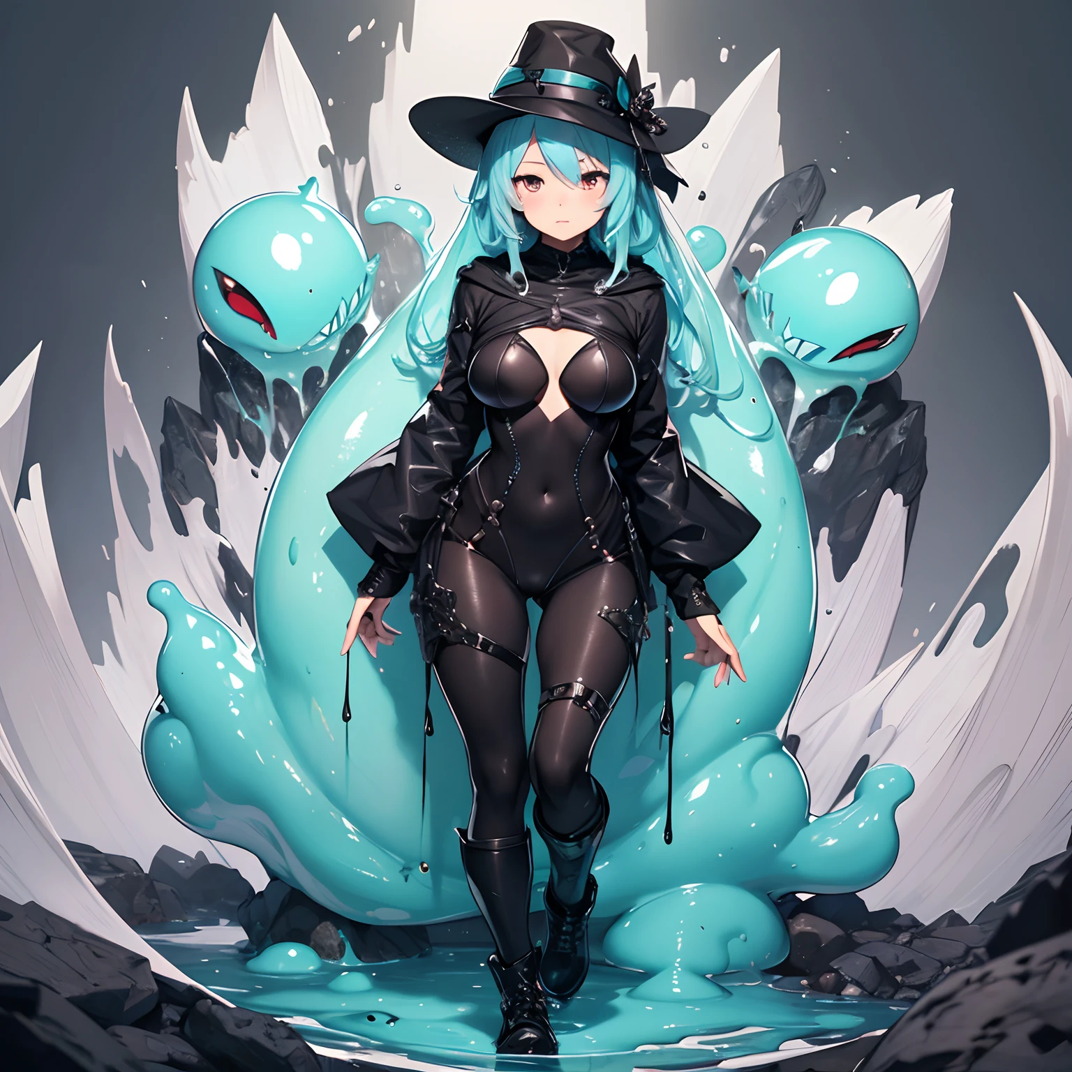 (masterpiece), (best quality), (ultra detailed), 1woman, plasmoid, slime girl, humanoid, wearing a black robe, looking innocent, shy, a person made of slime, footwear: black boots