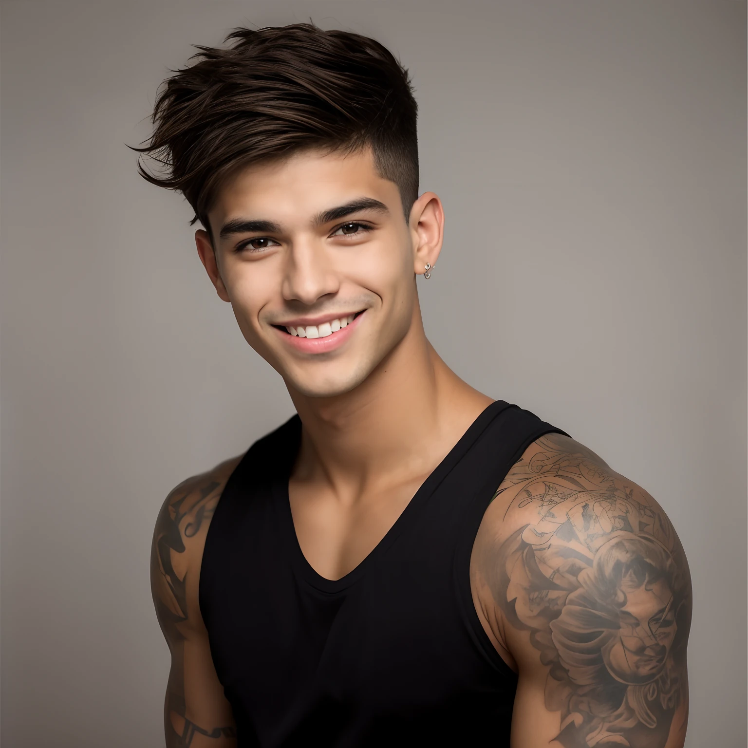 Boy with tattooed arms and a black tank top, jovem bonito, Jovem com rosto bonito, um rapaz bonito, cabelo castanho curto, cabelos castanhos e olhos castanhos, jovem bonito, jovem atraente, rapaz magro com pele bronzeada clara, macho atraente, rosto bonito, rosto atraente, Macho sorridente, bonito rosto atraente, rapaz atraente, modelo masculino, retrato do jovem bonito, Noah Centineo 8k