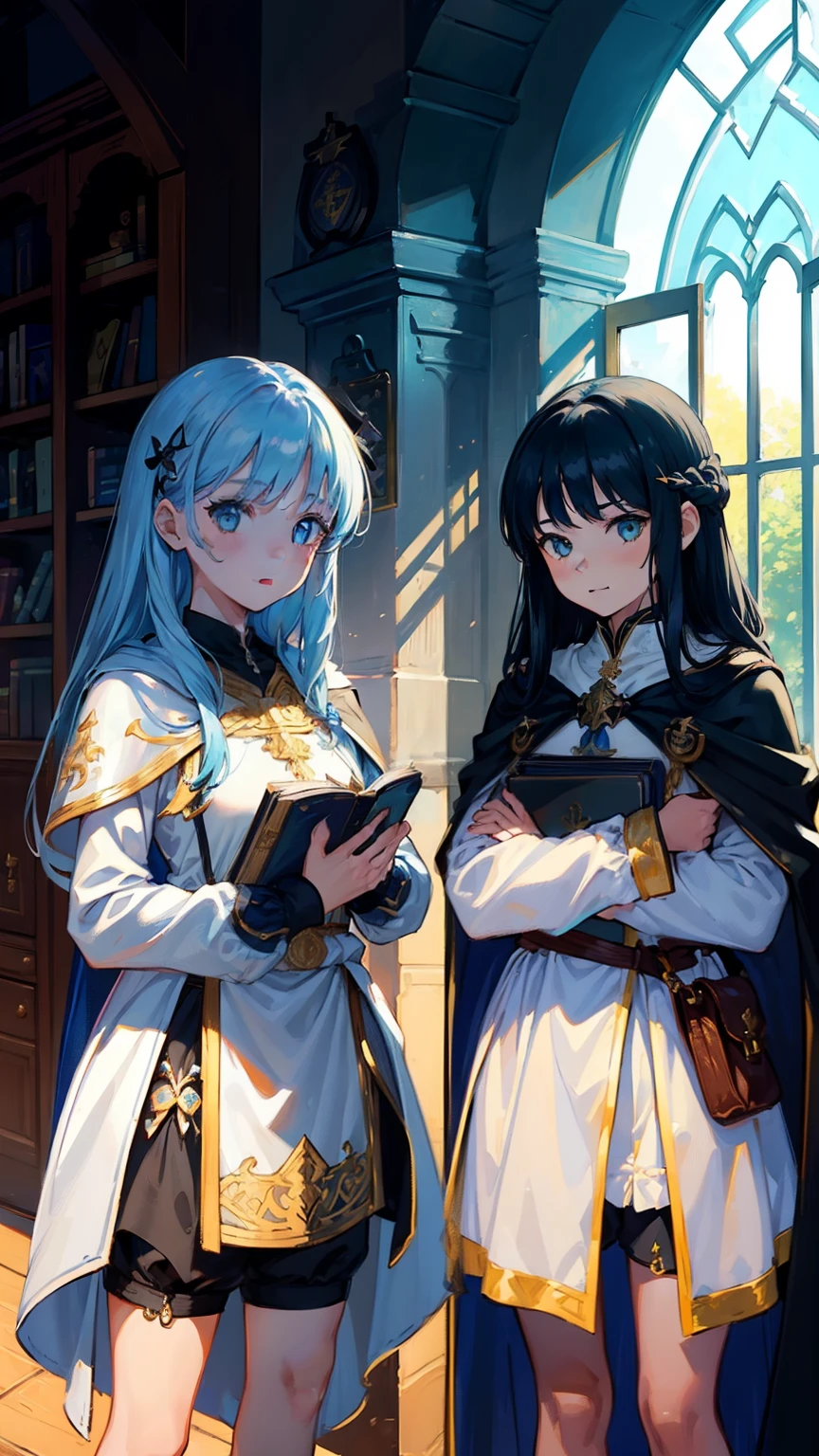 (((((2 girls))))), masterpiece, ultra detailed, 8K Portrait, Raw photo, girls photography, full body, Highly detailed face, ((Fantasy)), , (((classmates))), smile, various hairstyles and hair color, (((white long tunic with a single vertical blue line))), (((black shorts))), (((white cape with coat of arms))), (((little waist hip pouch))), leather boots, various pose, ((holding magic book)), In the classroom of the medieval magic school, Midday Sun, Hyper realistic, Ambient lighting, Shadow details , Camera focus on face, strong breeze, Light fog