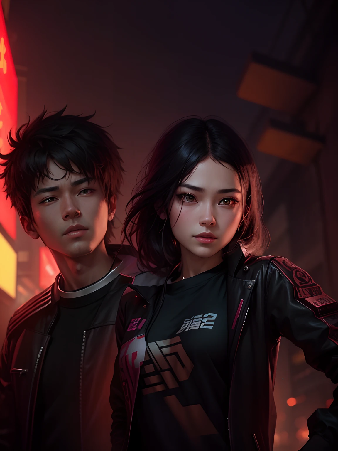 Cheng background handsome boy and girl. Realistic face. Cyberpunk. High quality