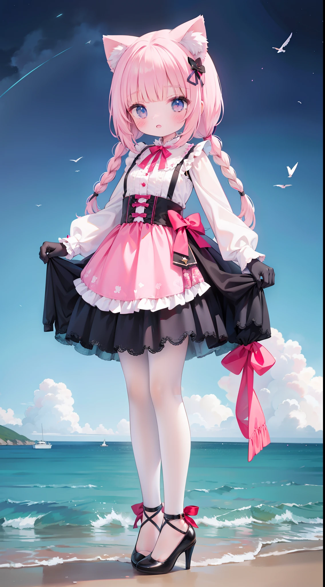 Wear beautiful clothes（Pink ****ta skirt）The *********** was cute，cat ear，coda，Tied with a ball head，hair tying up，（long-sleeved gloves）lacepantyhose，red high heel pumps，dynamicposes，photographed，Pose，Holding a glowing star by the sea，seagulls，Full body photo