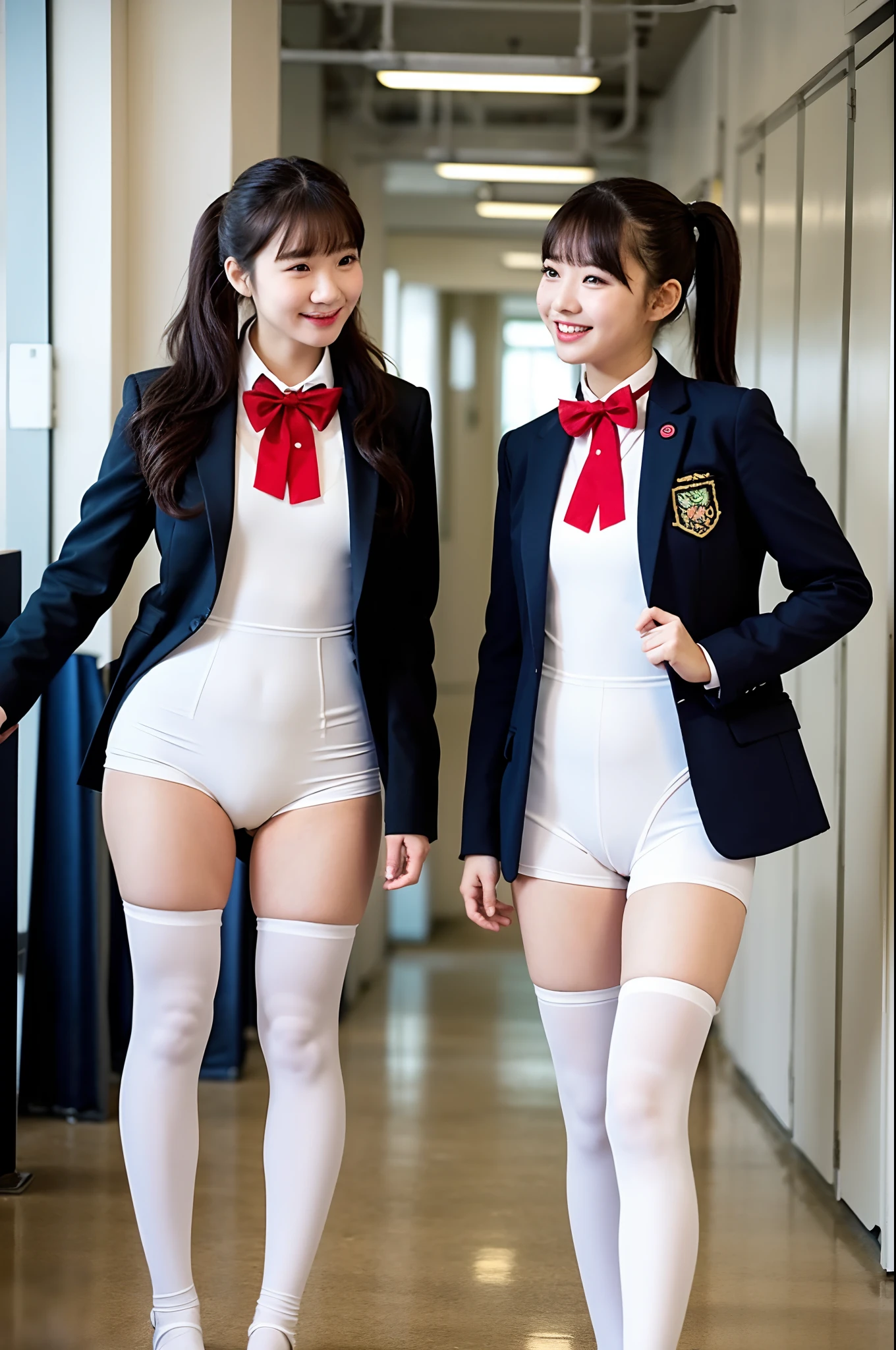 2 girls standing in school corridor,jumpsuit style seemless white unitard,red bow tie,18-year-old,bangs,a little smiles,thighs,crotch,knees,ponytail,from below