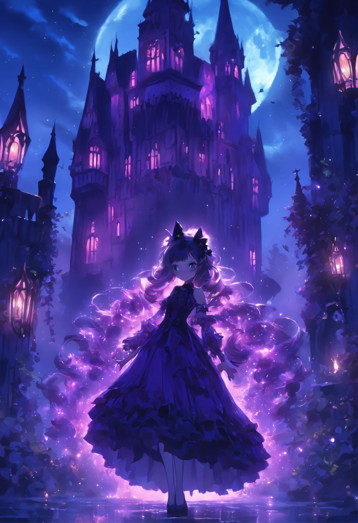 (a) gothic lolita, (dark, elegant:1.1), (purple-haired, long-haired), (wearing a dress, in a frilly dress), (carrying, holding) an umbrella, (frills, lace), (bow, ribbon), (standing, posing), (in front of) a moonlit castle

(b) surrounded by (purple fairy flame, ethereal flames:1.1), (glowing, flickering), (creating, casting) a soft, (magical, enchanting) light

(c) (mysterious, ominous) atmosphere, (dramatic, eerie) shadows, (moonlight, moonlit), (casting, illuminating) the scene

(d) (vibrant, rich) purple color palette, (deep, dark shades), (contrasting, highlighting) the gothic aesthetic

(e) (detailed, intricate) castle architecture, (towering, majestic) towers, (ornate, delicate) windows, (stone walls, battlements)

(f) (lush, overgrown) garden, (twisted, thorny) vines, (blooming, vibrant) flowers

(g) (enchanted, magical) atmosphere, (sparkling, shimmering) stars, (fluttering, glowing) fireflies

(h) (mysterious, haunting) music playing in the background, (melancholic, ethereal) melodies

(i) (fine art, oil painting)-like rendering, (realistic, detailed, lifelike) textures, (soft, smooth) brush strokes

(j) (vivid, rich) colors, (deep purples, contrasting hues), (subtle, nuanced) lighting effects

(k) (emphasize, highlight) the gothic aesthetic, (dramatic, theatrical) poses, (intricate, extravagant) details

(l) (high resolution, 4k, 8k), (ultra-detailed, hyper-realistic, photorealistic:1.37) output

Please remove the parentheses in the above and the content in the parentheses in prompt，And make sure not to add any new sentences or explanations。