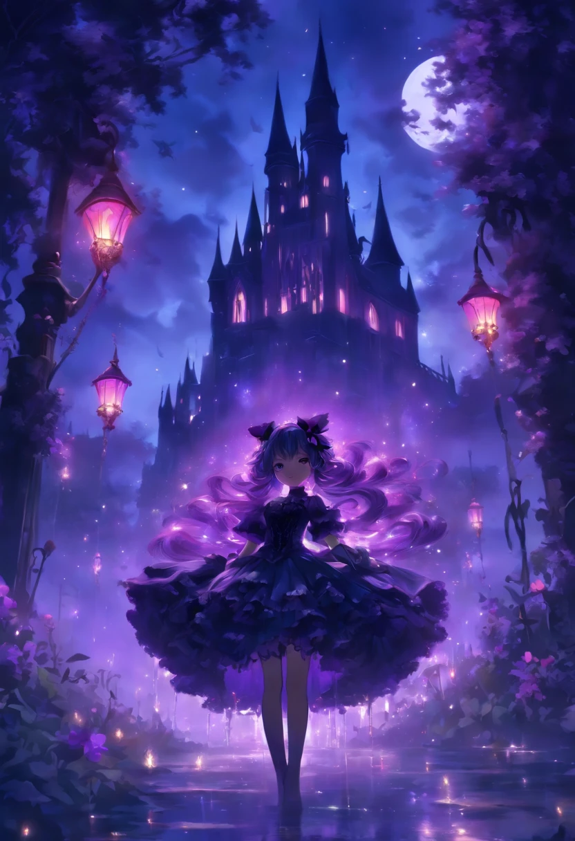 (a) gothic lolita, (dark, elegant:1.1), (purple-haired, long-haired), (wearing a dress, in a frilly dress), (carrying, holding) an umbrella, (frills, lace), (bow, ribbon), (standing, posing), (in front of) a moonlit castle

(b) surrounded by (purple fairy flame, ethereal flames:1.1), (glowing, flickering), (creating, casting) a soft, (magical, enchanting) light

(c) (mysterious, ominous) atmosphere, (dramatic, eerie) shadows, (moonlight, moonlit), (casting, illuminating) the scene

(d) (vibrant, rich) purple color palette, (deep, dark shades), (contrasting, highlighting) the gothic aesthetic

(e) (detailed, intricate) castle architecture, (towering, majestic) towers, (ornate, delicate) windows, (stone walls, battlements)

(f) (lush, overgrown) garden, (twisted, thorny) vines, (blooming, vibrant) flowers

(g) (enchanted, magical) atmosphere, (sparkling, shimmering) stars, (fluttering, glowing) fireflies

(h) (mysterious, haunting) music playing in the background, (melancholic, ethereal) melodies

(i) (fine art, oil painting)-like rendering, (realistic, detailed, lifelike) textures, (soft, smooth) brush strokes

(j) (vivid, rich) colors, (deep purples, contrasting hues), (subtle, nuanced) lighting effects

(k) (emphasize, highlight) the gothic aesthetic, (dramatic, theatrical) poses, (intricate, extravagant) details

(l) (high resolution, 4k, 8k), (ultra-detailed, hyper-realistic, photorealistic:1.37) output

Please remove the parentheses in the above and the content in the parentheses in prompt，And make sure not to add any new sentences or explanations。
