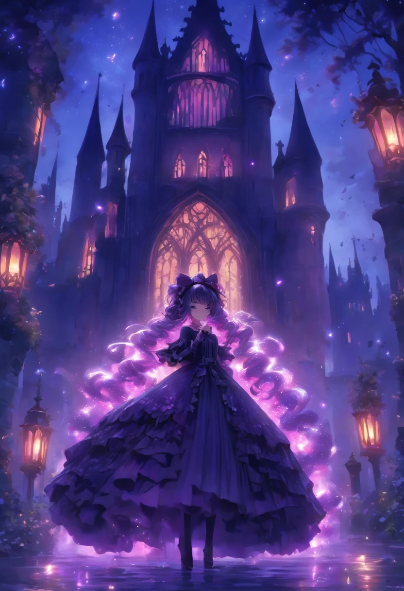 (a) gothic lolita, (dark, elegant:1.1), (purple-haired, long-haired), (wearing a dress, in a frilly dress), (carrying, holding) an umbrella, (frills, lace), (bow, ribbon), (standing, posing), (in front of) a moonlit castle
(b) surrounded by (purple fairy flame, ethereal flames:1.1), (glowing, flickering), (creating, casting) a soft, (magical, enchanting) light
(c) (mysterious, ominous) atmosphere, (dramatic, eerie) shadows, (moonlight, moonlit), (casting, illuminating) the scene
(d) (vibrant, rich) purple color palette, (deep, dark shades), (contrasting, highlighting) the gothic aesthetic
(e) (detailed, intricate) castle architecture, (towering, majestic) towers, (ornate, delicate) windows, (stone walls, battlements)
(f) (lush, overgrown) garden, (twisted, thorny) vines, (blooming, vibrant) flowers
(g) (enchanted, magical) atmosphere, (sparkling, shimmering) stars, (fluttering, glowing) fireflies
(h) (mysterious, haunting) music playing in the background, (melancholic, ethereal) melodies
(i) (fine art, oil painting)-like rendering, (realistic, detailed, lifelike) textures, (soft, smooth) brush strokes
(j) (vivid, rich) colors, (deep purples, contrasting hues), (subtle, nuanced) lighting effects
(k) (emphasize, highlight) the gothic aesthetic, (dramatic, theatrical) poses, (intricate, extravagant) details
(l) (high resolution, 4k, 8k), (ultra-detailed, hyper-realistic, photorealistic:1.37) output
Please remove the parentheses in the above and the content in the parentheses in prompt,And make sure not to add any new sentences or explanations。