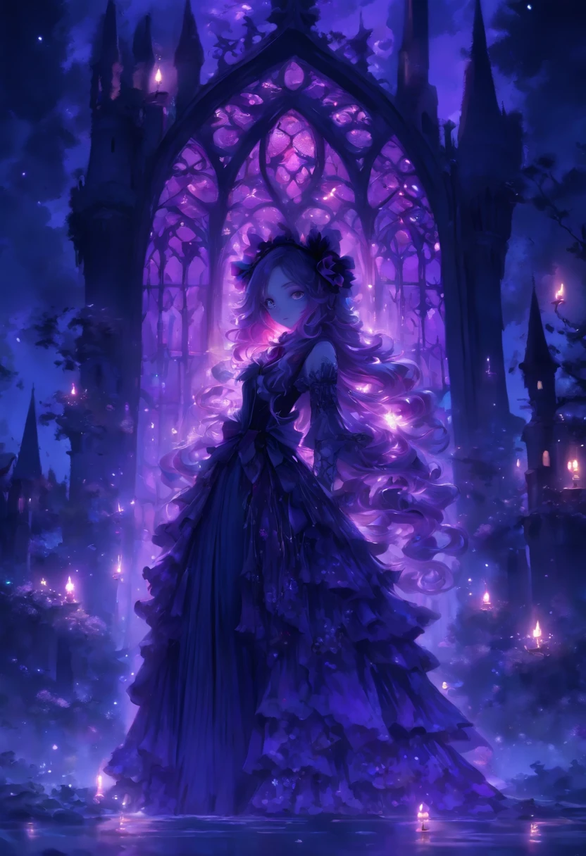 (a) gothic ta, (dark, elegant:1.1), (purple-haired, long-haired), (wearing a dress, in a frilly dress), (carrying, holding) an umbrella, (frills, lace), (bow, ribbon), (standing, posing), (in front of) a moonlit castle
(b) surrounded by (purple fairy flame, ethereal flames:1.1), (glowing, flickering), (creating, casting) a soft, (magical, enchanting) light
(c) (mysterious, ominous) atmosphere, (dramatic, eerie) shadows, (moonlight, moonlit), (casting, illuminating) the scene
(d) (vibrant, rich) purple color palette, (deep, dark shades), (contrasting, highlighting) the gothic aesthetic
(e) (detailed, intricate) castle architecture, (towering, majestic) towers, (ornate, delicate) windows, (stone walls, battlements)
(f) (lush, overgrown) garden, (twisted, thorny) vines, (blooming, vibrant) flowers
(g) (enchanted, magical) atmosphere, (sparkling, shimmering) stars, (fluttering, glowing) fireflies
(h) (mysterious, haunting) music playing in the background, (melancholic, ethereal) melodies
(i) (fine art, oil painting)-like rendering, (realistic, detailed, lifelike) textures, (soft, smooth) brush strokes
(j) (vivid, rich) colors, (deep purples, contrasting hues), (subtle, nuanced) lighting effects
(k) (emphasize, highlight) the gothic aesthetic, (dramatic, theatrical) poses, (intricate, extravagant) details
(l) (high resolution, 4k, 8k), (ultra-detailed, hyper-realistic, photorealistic:1.37) output
Please remove the parentheses in the above and the content in the parentheses in prompt,And make sure not to add any new sentences or explanations。