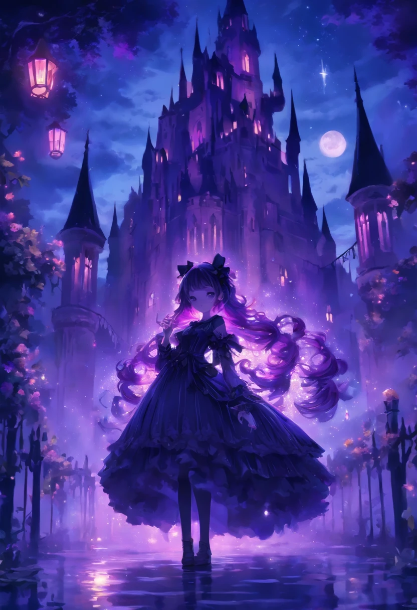 (a) gothic lolita, (dark, elegant:1.1), (purple-haired, long-haired), (wearing a dress, in a frilly dress), (carrying, holding) an umbrella, (frills, lace), (bow, ribbon), (standing, posing), (in front of) a moonlit castle

(b) surrounded by (purple fairy flame, ethereal flames:1.1), (glowing, flickering), (creating, casting) a soft, (magical, enchanting) light

(c) (mysterious, ominous) atmosphere, (dramatic, eerie) shadows, (moonlight, moonlit), (casting, illuminating) the scene

(d) (vibrant, rich) purple color palette, (deep, dark shades), (contrasting, highlighting) the gothic aesthetic

(e) (detailed, intricate) castle architecture, (towering, majestic) towers, (ornate, delicate) windows, (stone walls, battlements)

(f) (lush, overgrown) garden, (twisted, thorny) vines, (blooming, vibrant) flowers

(g) (enchanted, magical) atmosphere, (sparkling, shimmering) stars, (fluttering, glowing) fireflies

(h) (mysterious, haunting) music playing in the background, (melancholic, ethereal) melodies

(i) (fine art, oil painting)-like rendering, (realistic, detailed, lifelike) textures, (soft, smooth) brush strokes

(j) (vivid, rich) colors, (deep purples, contrasting hues), (subtle, nuanced) lighting effects

(k) (emphasize, highlight) the gothic aesthetic, (dramatic, theatrical) poses, (intricate, extravagant) details

(l) (high resolution, 4k, 8k), (ultra-detailed, hyper-realistic, photorealistic:1.37) output

Please remove the parentheses in the above and the content in the parentheses in prompt，And make sure not to add any new sentences or explanations。