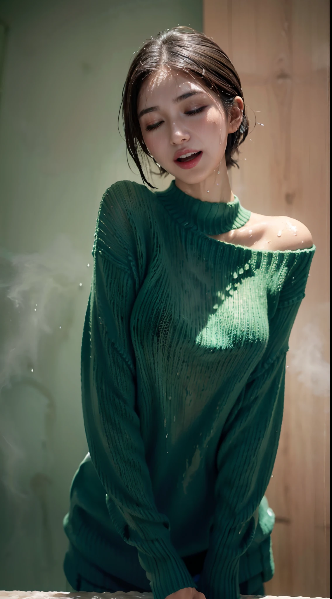 (shoulder-length straight short hair: 1.2),（Extremely meticulous CG 8k wallpaper），（Extremely refined and beautiful），（Masterpiece），（best qualtiy:1.0），（Ultra High Resolution:1.0），beautiful light up，Perfect lightning，realistic shaded，[A high resolution]，Smooth and flawless fair skin，Extremely exquisite facial details，ultra - detailed，A  girl，small head，Smile，cheerfulnes,late at night,(Dim light:1.4),Close Shot,at home,in the restroom,Blue green background,(open mouth:1.3),(drooling:1.4),small face,（perfect body:1.1）,no bra,slim,thin,(green damp damaged sweater:1.5),Slender legs,hips,shoulder off，bare shoulder，(bare back:1.3),(Female orgasmic:1.5),(blush:1.3),ahegao,(wet hair:1.4),(sweat:1.7),Taking a shower,standing,from behind，(Shower nozzle discharging water:1.2),(Water vapor diffuse:1.5),cowboy shot,(close eyes:1.4)