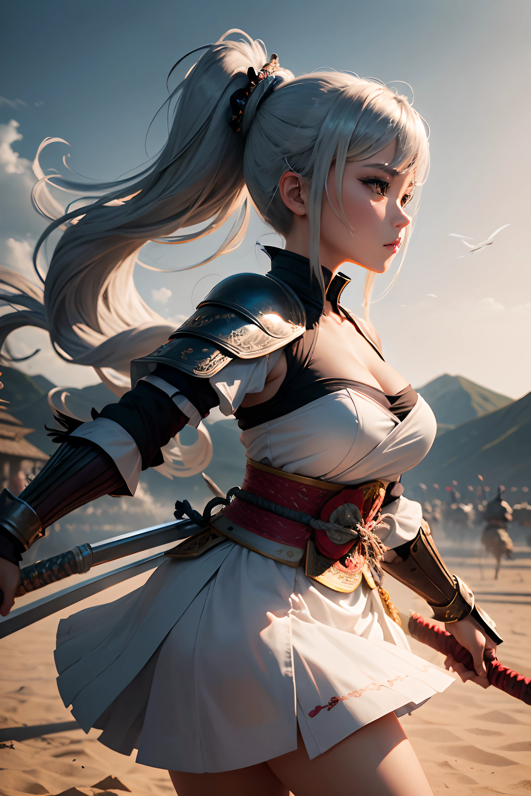 Ink wind，high qulity，hyper HD，Ancient wind、swordsmen、chiquita，Equipped with silver spears，Shogun，Ahead is the army，Bright silver armor，High ponytail，sideface，wide wide shot，woman，period costume，