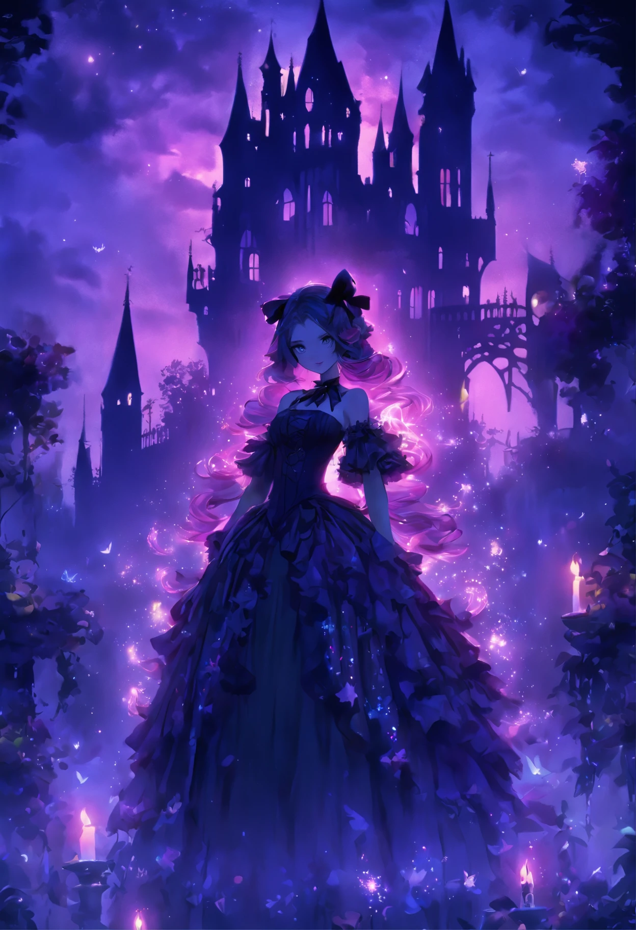 (a) gothic lolita, (dark, elegant:1.1), (purple-haired, long-haired), (wearing a dress, in a frilly dress), (carrying, holding) an umbrella, (frills, lace), (bow, ribbon), (standing, posing), (in front of) a moonlit castle
(b) surrounded by (purple fairy flame, ethereal flames:1.1), (glowing, flickering), (creating, casting) a soft, (magical, enchanting) light
(c) (mysterious, ominous) atmosphere, (dramatic, eerie) shadows, (moonlight, moonlit), (casting, illuminating) the scene
(d) (vibrant, rich) purple color palette, (deep, dark shades), (contrasting, highlighting) the gothic aesthetic
(e) (detailed, intricate) castle architecture, (towering, majestic) towers, (ornate, delicate) windows, (stone walls, battlements)
(f) (lush, overgrown) garden, (twisted, thorny) vines, (blooming, vibrant) flowers
(g) (enchanted, magical) atmosphere, (sparkling, shimmering) stars, (fluttering, glowing) fireflies
(h) (mysterious, haunting) music playing in the background, (melancholic, ethereal) melodies
(i) (fine art, oil painting)-like rendering, (realistic, detailed, lifelike) textures, (soft, smooth) brush strokes
(j) (vivid, rich) colors, (deep purples, contrasting hues), (subtle, nuanced) lighting effects
(k) (emphasize, highlight) the gothic aesthetic, (dramatic, theatrical) poses, (intricate, extravagant) details
(l) (high resolution, 4k, 8k), (ultra-detailed, hyper-realistic, photorealistic:1.37) output
Please remove the parentheses in the above and the content in the parentheses in prompt,And make sure not to add any new sentences or explanations。