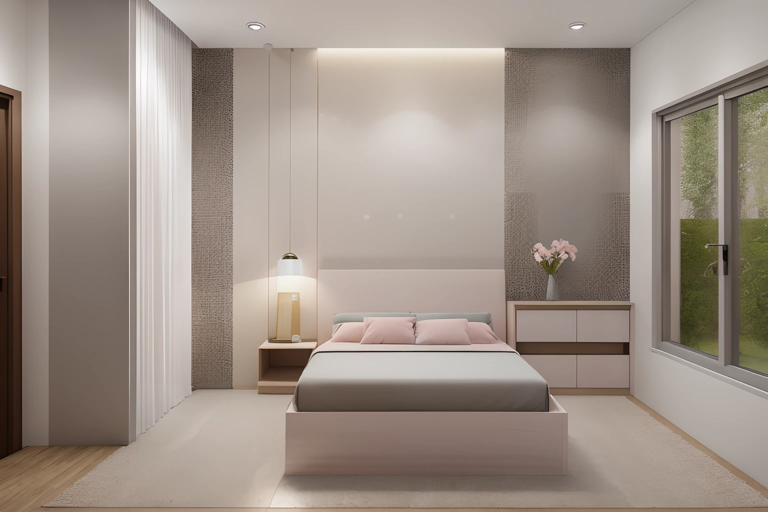 1 modern bedroom, (1 pink bed, 1 dressing table with round mirror, 1 modern single chair), flat ceiling, 1 glass window, transparent curtains, glossy wooden floor, extremely high quality high, photorealistic, surreal, super detailed, extremely detailed, rendered by vray 2023, (white, gray tones: 1.5), (daylight: 1.5), modern space, luxurious feel, wall art, carpet under the bed