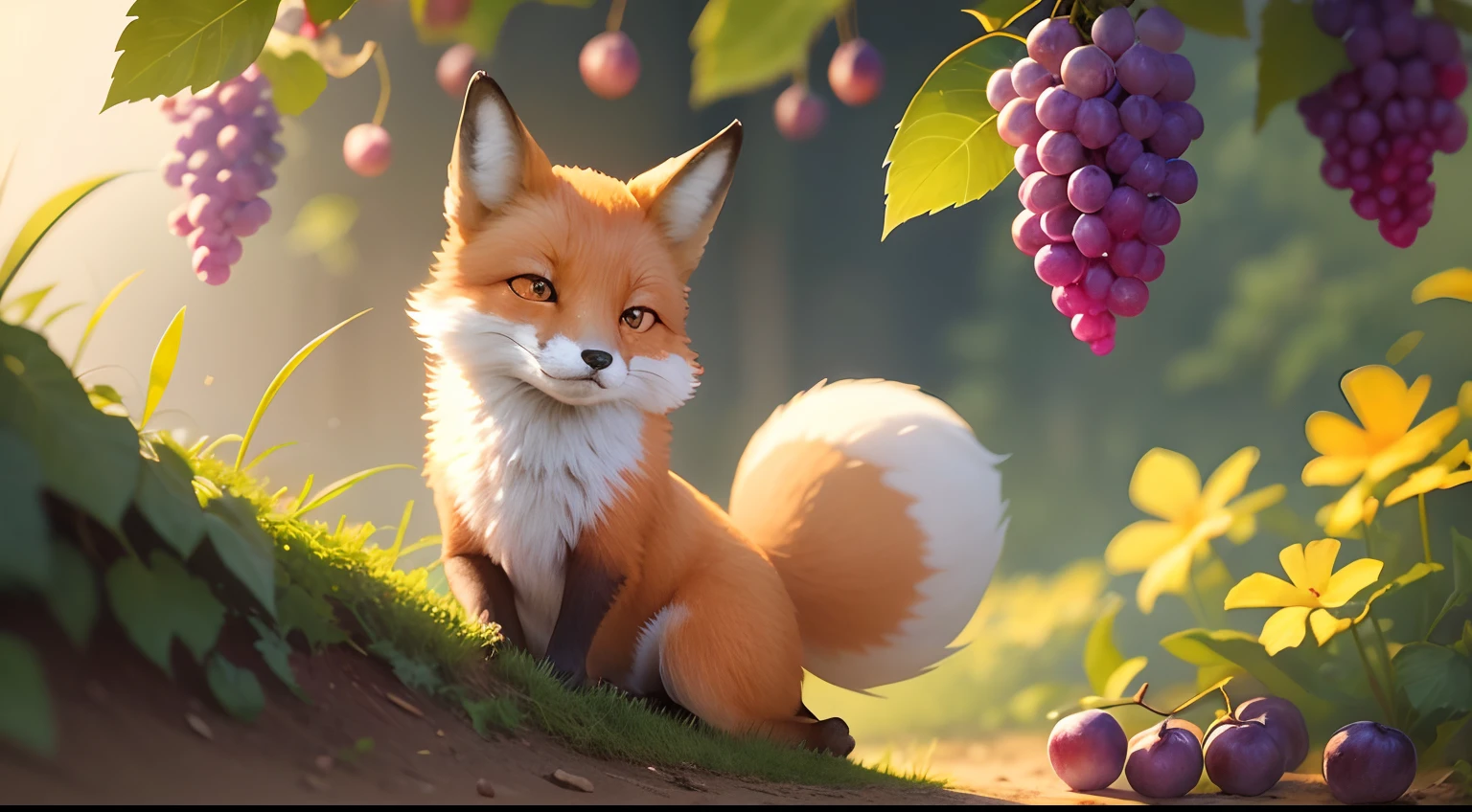 illustration, super cute, during the day, one fox watching a bunch of grapes hanging out of reach