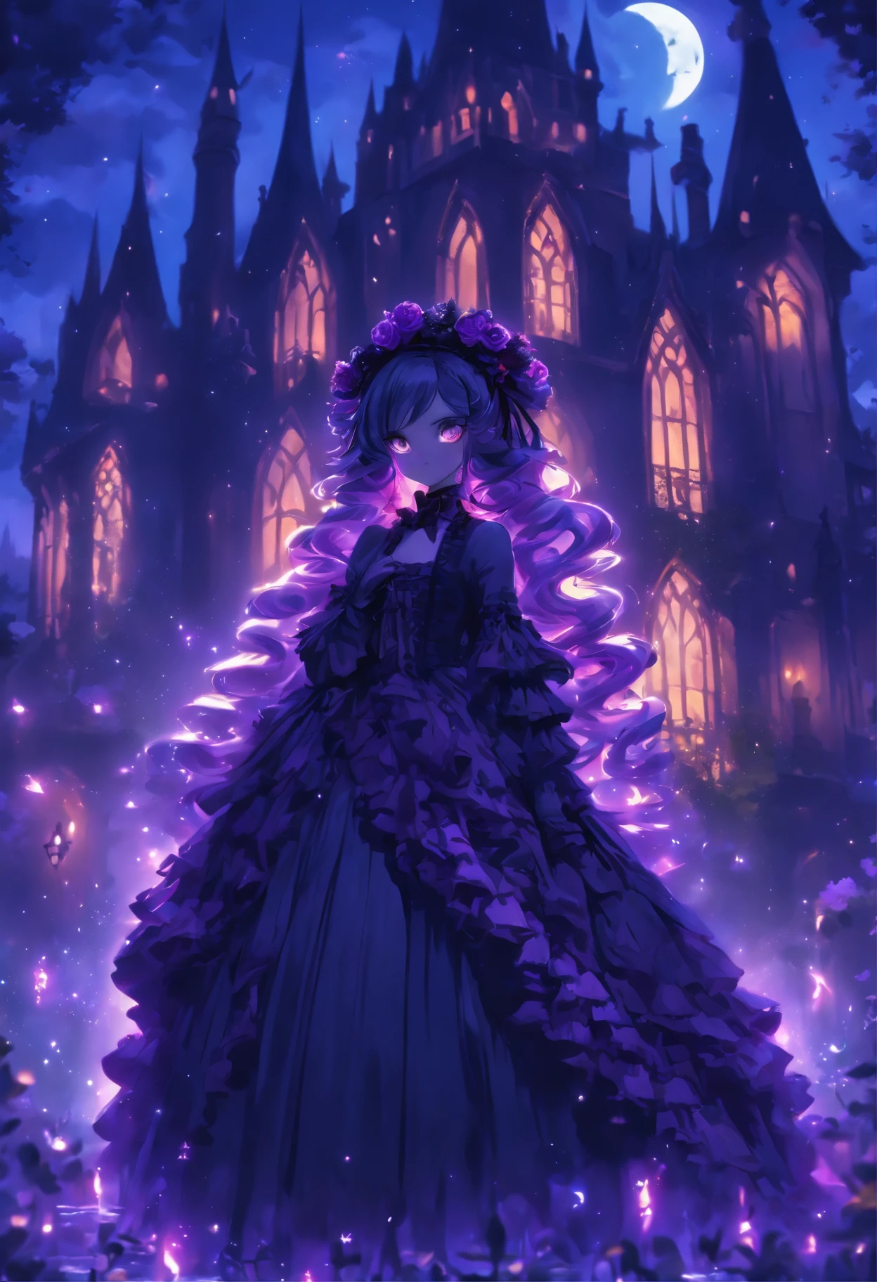 (a) gothic lolita, (dark, elegant:1.1), (purple-haired, long-haired), (wearing a dress, in a frilly dress), (carrying, holding) an umbrella, (frills, lace), (bow, ribbon), (standing, posing), (in front of) a moonlit castle

(b) surrounded by (purple fairy flame, ethereal flames:1.1), (glowing, flickering), (creating, casting) a soft, (magical, enchanting) light

(c) (mysterious, ominous) atmosphere, (dramatic, eerie) shadows, (moonlight, moonlit), (casting, illuminating) the scene

(d) (vibrant, rich) purple color palette, (deep, dark shades), (contrasting, highlighting) the gothic aesthetic

(e) (detailed, intricate) castle architecture, (towering, majestic) towers, (ornate, delicate) windows, (stone walls, battlements)

(f) (lush, overgrown) garden, (twisted, thorny) vines, (blooming, vibrant) flowers

(g) (enchanted, magical) atmosphere, (sparkling, shimmering) stars, (fluttering, glowing) fireflies

(h) (mysterious, haunting) music playing in the background, (melancholic, ethereal) melodies

(i) (fine art, oil painting)-like rendering, (realistic, detailed, lifelike) textures, (soft, smooth) brush strokes

(j) (vivid, rich) colors, (deep purples, contrasting hues), (subtle, nuanced) lighting effects

(k) (emphasize, highlight) the gothic aesthetic, (dramatic, theatrical) poses, (intricate, extravagant) details

(l) (high resolution, 4k, 8k), (ultra-detailed, hyper-realistic, photorealistic:1.37) output

Please remove the parentheses in the above and the content in the parentheses in prompt，And make sure not to add any new sentences or explanations。