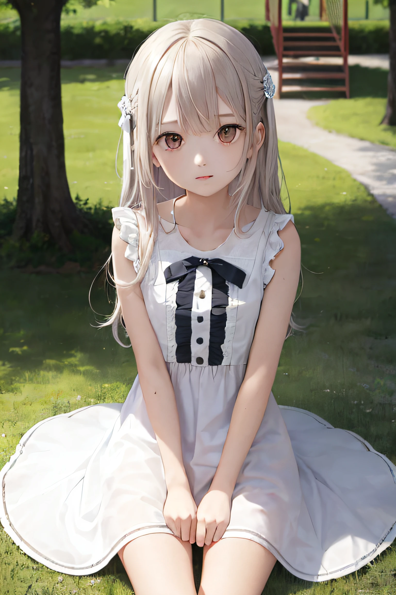 1girl in, (masutepiece:1.1), (Best Quality:1.1),Summer dress, (a park :1.1), silber hair, length hair, , verd s eyes, sideways Facing,