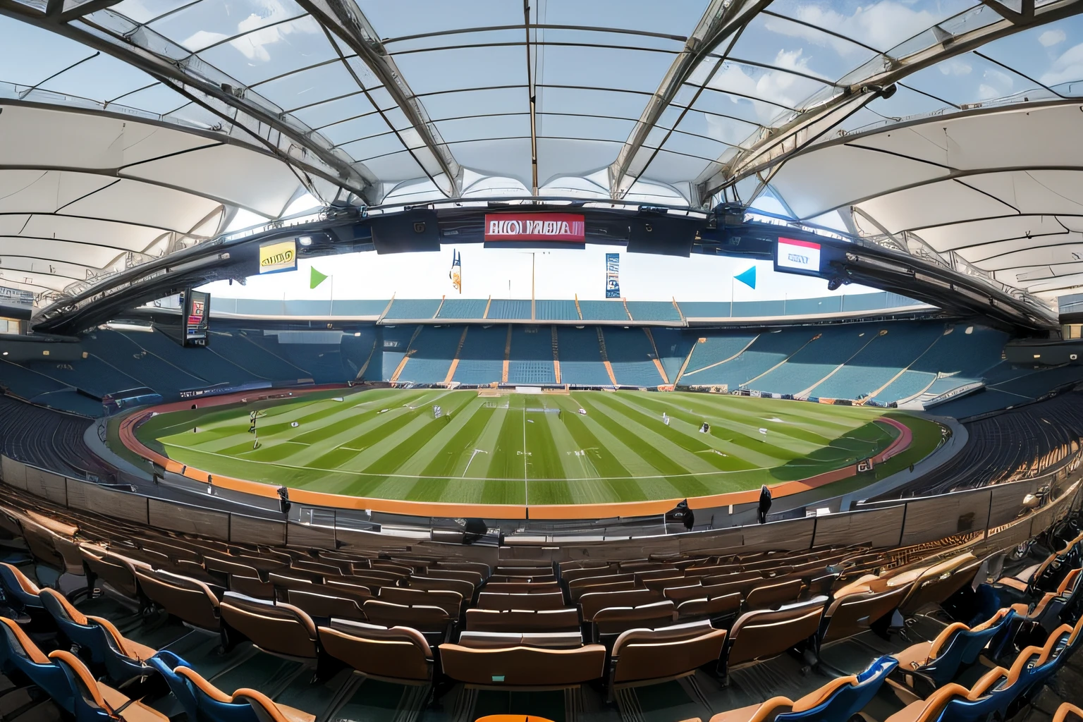 Arafed view of a stadium with a football field and lots of seating, Football stadium scenario, editing, very wide angle view, stadium landscape, Panoramic, wide long view, Skydome, tiro extremamente grande angular, wide panoramic shot, panoramic widescreen view, foto gigapixel, tiro muito grande angular, panorama shot, Tiro de lente longa, Tiro ultra grande angular, qualidade ultra hd, traves de gol