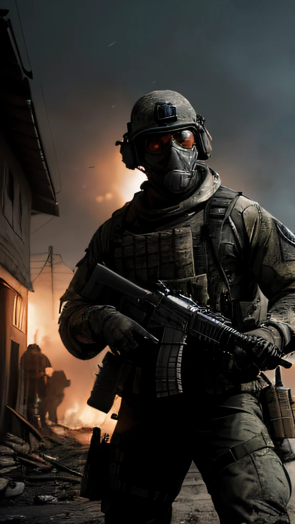 Ghost soldiers in the game ((Call of Duty)), special forces, realistic, realistic Octane Render, Unreal Engine, trending Octane Render, 8K, ultra-detailed, professional, HDR, vivid colors, sharp focus, physically-based rendering, studio lighting, intense action, dark atmosphere, smoke and debris, detailed weaponry, bullet tracers, battle-worn uniforms, dynamic poses, realistic facial expressions, dramatic lighting, high-tech gadgets, intense combat scenes, war-torn environment, ruined buildings, night vision goggles, muzzle flashes, soldier camaraderie, adrenaline-pumping moments, tactical maneuvers, gritty realism, cinematic visuals, immersive gameplay.