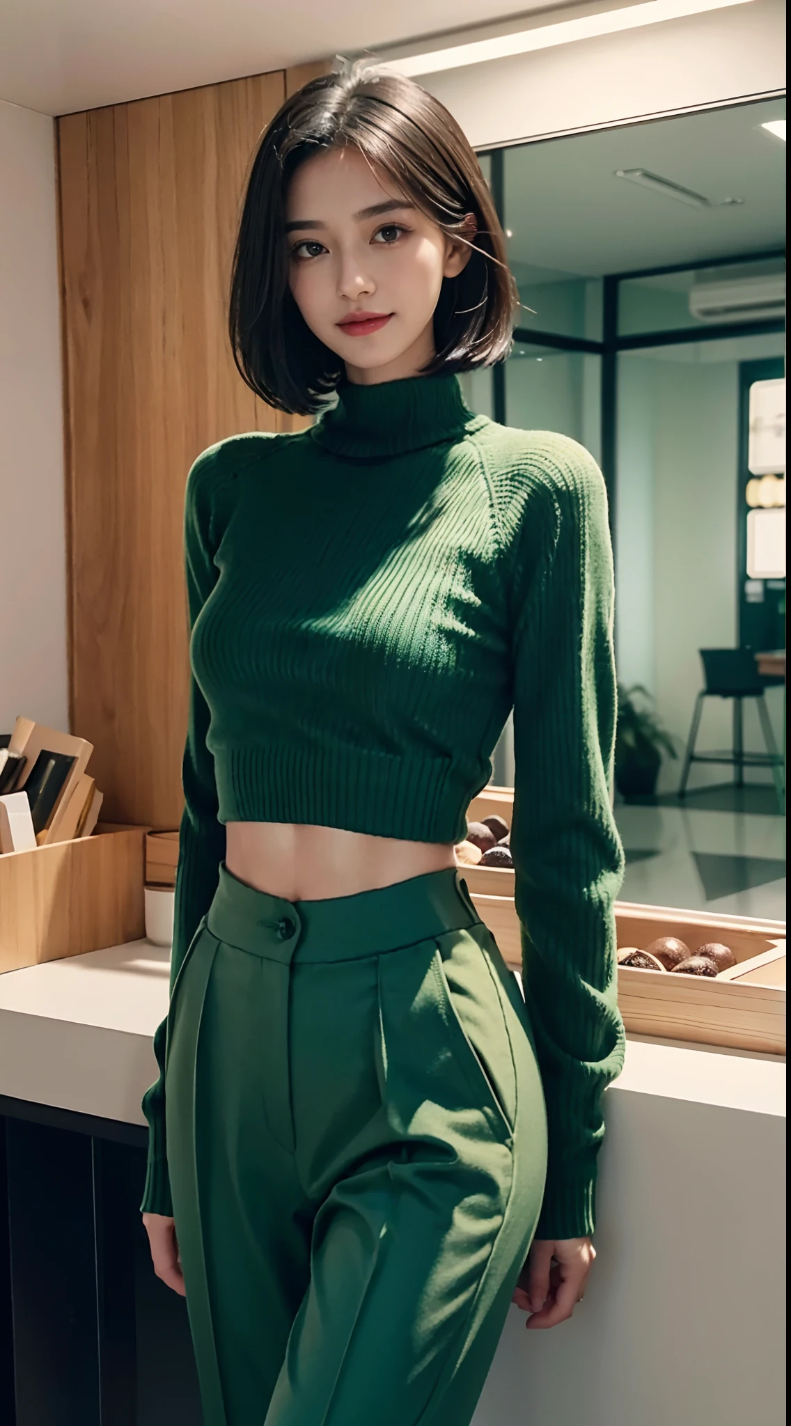 (shoulder length straight short black hair: 1.3), （Extremely meticulous CG 8k wallpaper），（Extremely refined and beautiful），（Masterpiece），（best qualtiy：1.0），（Ultra High Resolution：1.0），beautiful light up，Perfect lightning，realistic shaded，[A high resolution]，Smooth and flawless fair skin，Extremely exquisite facial details，（perfect body：1.1），ultra - detailed，A beautiful girl，small head,(Small breasts:1.1)，Flat chests，slim，thin，Smile，cheerfulness，(green sweater:1.5），（green long pants:1.3),Slender legs,(Black military boots:1.2),standing,(Well-cut abdominal muscles:1.2),At a convenience store, bright lights,Portrait photo