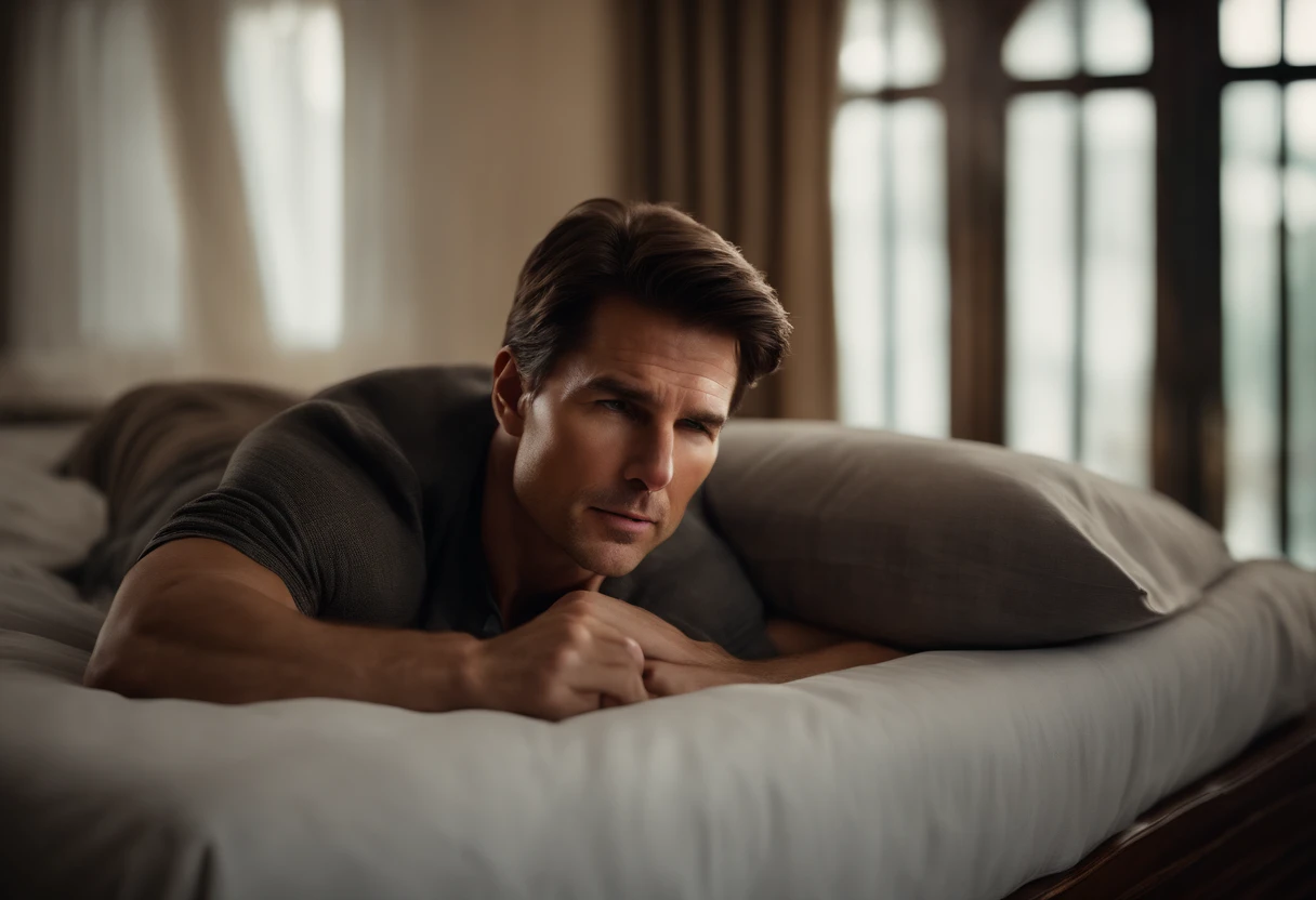 Tom Cruise sleeping on bed, (best quality, realistic:1.37), detailed facial features, relaxed expression, peaceful atmosphere, cozy bedroom, soft lighting, (fine art,photography), crisp linens, elegant decor, wood accents, muted color palette, (interior design), (celebrity), surreal dreamscape, (quiet, serene), (studio lighting), (bokeh), (highres), (masterpiece:1.2)