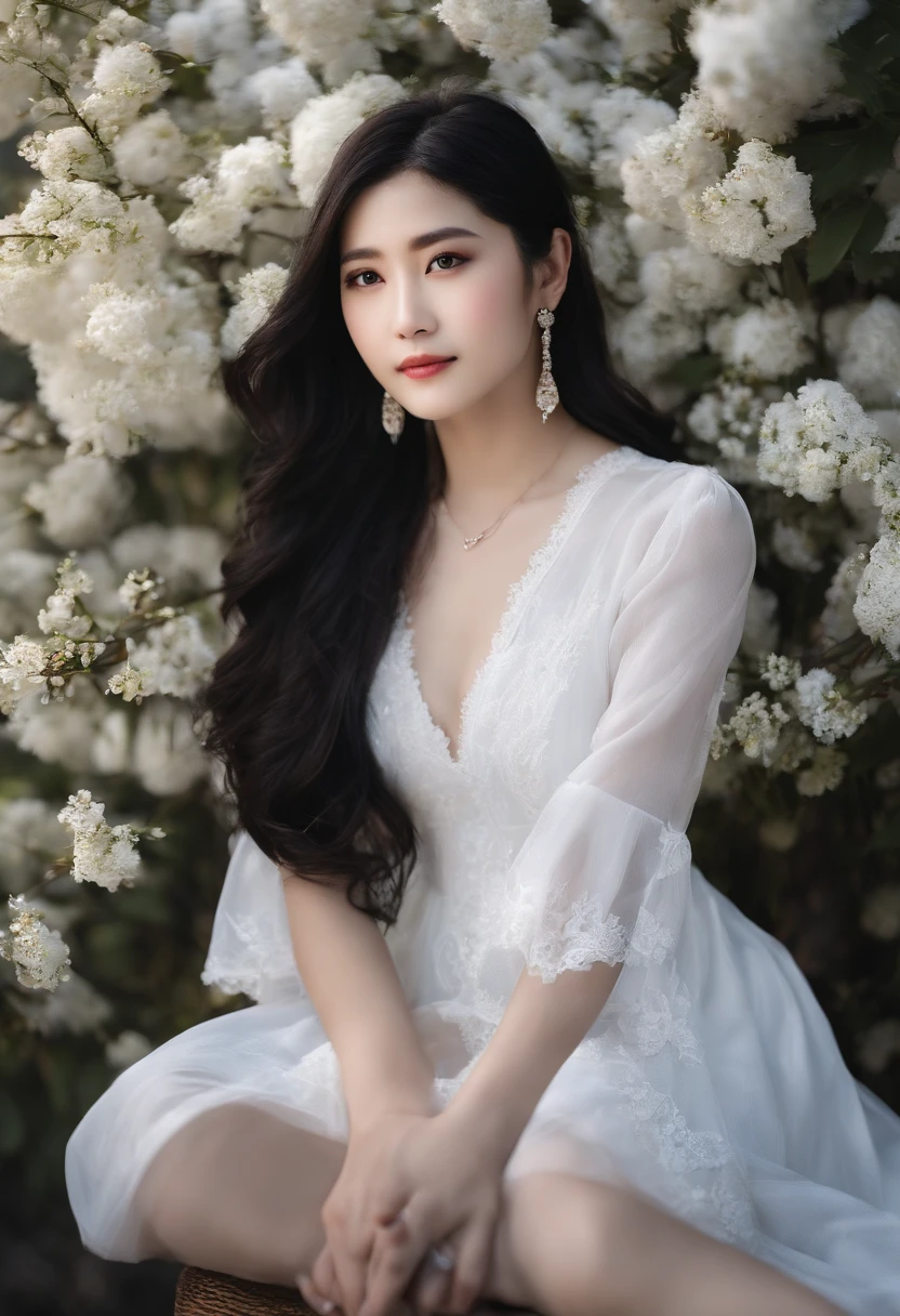 (Top Quality, 8K, Masterpiece: 1.3)), (1 person: 1.4), 1girl, Japan woman, Goddess, 15 years old, portrait photography, high contrast, divine perspective, aperture F1.2, focal length 24mm, (full body: 1.2), smile, photo pose, fine lace, slip dress, simple cut dress, brand dress, simple cut, long black hair, hair tying, ultra detailed skin details, Detailed fabric texture
