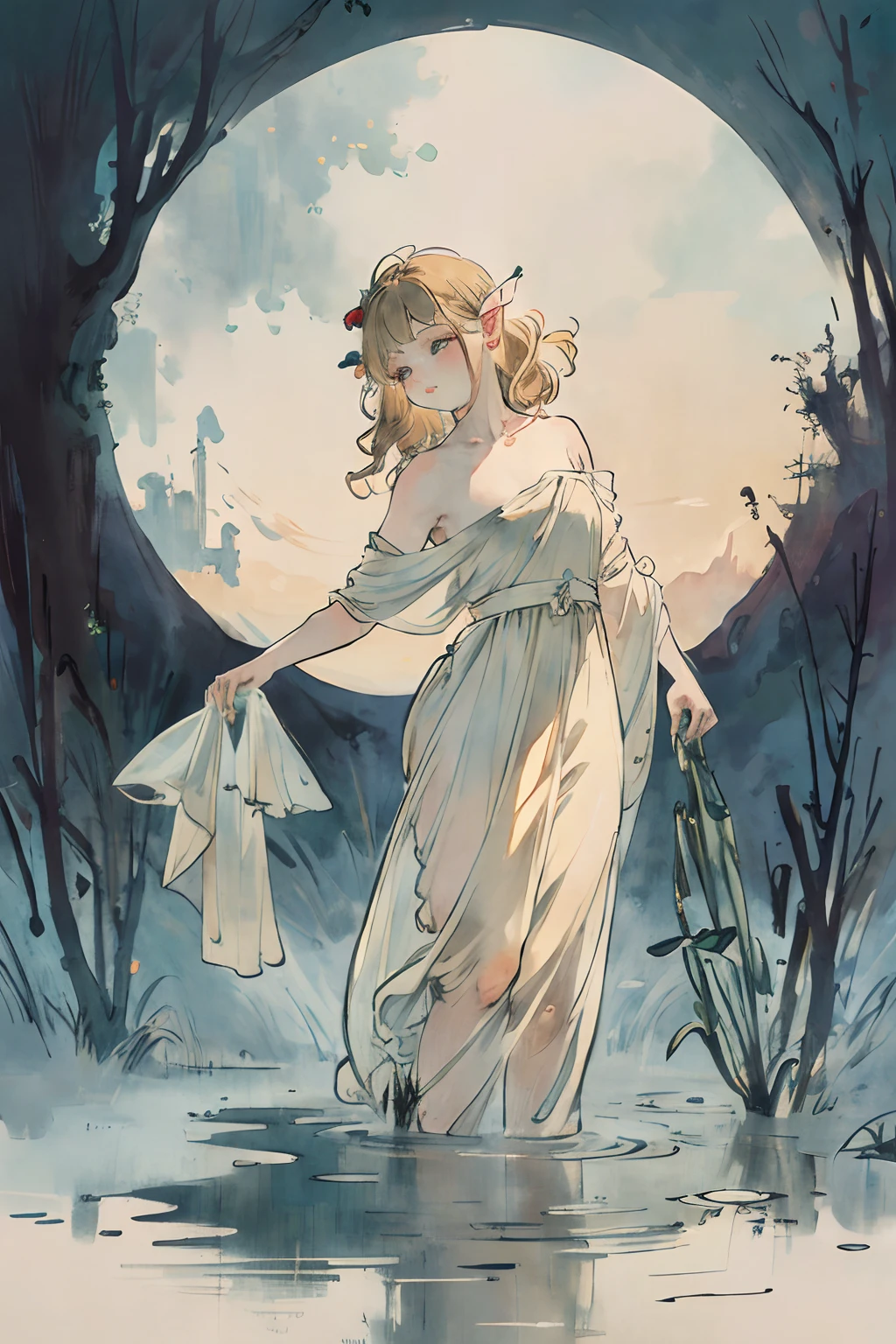 sfw,masutepiece, Best Quality, High resolution, 1girl, Full body, detail girl, detail hands, detail fingers, detail face, detail leg, 1girl, elf, looking down, dirty swamp, black sky, smog, watercolor, pale skin, petite, blonde hair, long hair, wavy hair, woe, sad smile, green eyes, tareme, medium breasts, white sundress, bare back, girl is praying