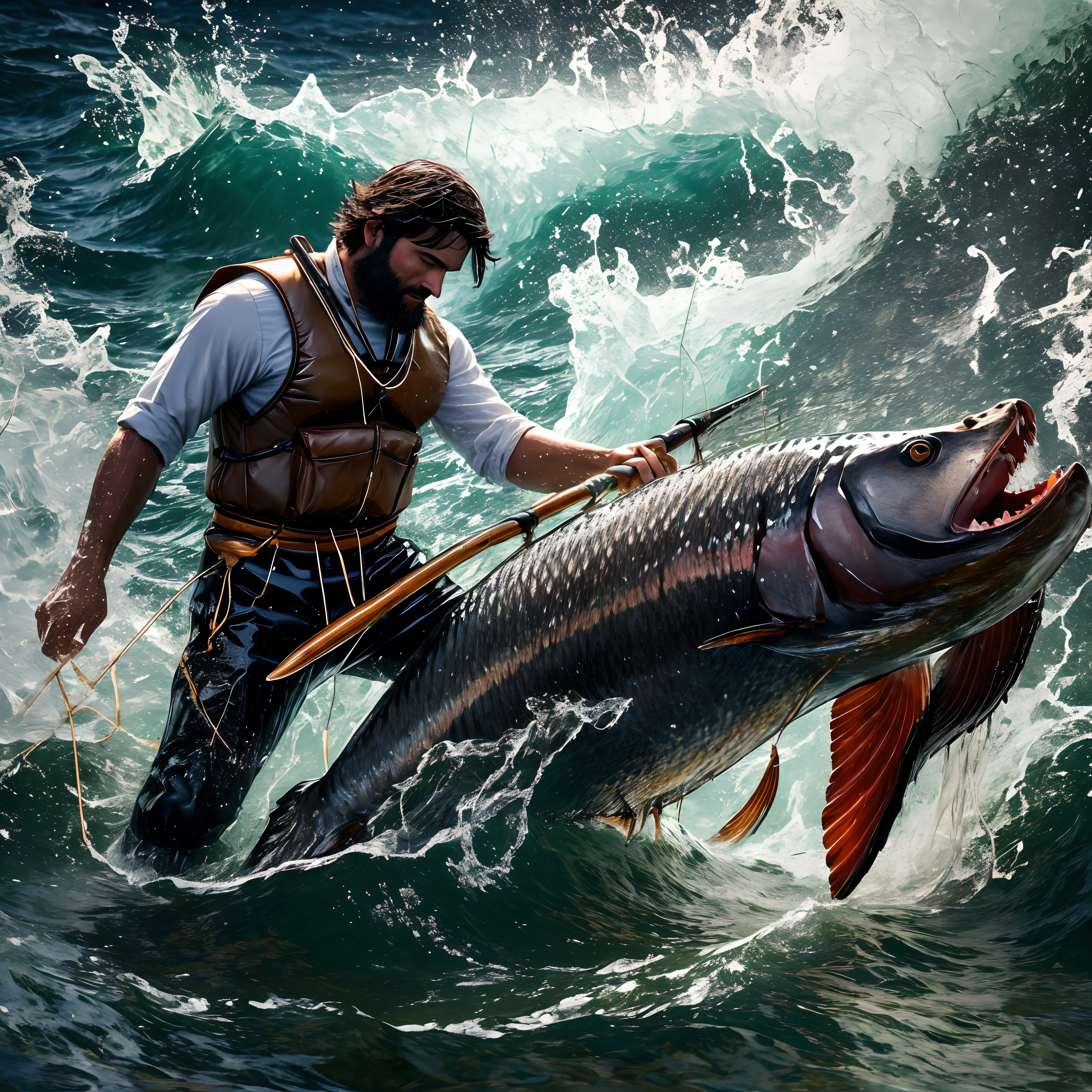 (best quality,alto),A boy fishing for salmon in Alaska, Na margem do rio, um urso gigantesco perseguindo o pescador, Dramatic lighting and intense atmosphere, cores vibrantes, Detailed representation of man's fishing equipment and bear skin, Estilo fotorrealista, sparkling water, movimento poderoso, breathtaking landscapes