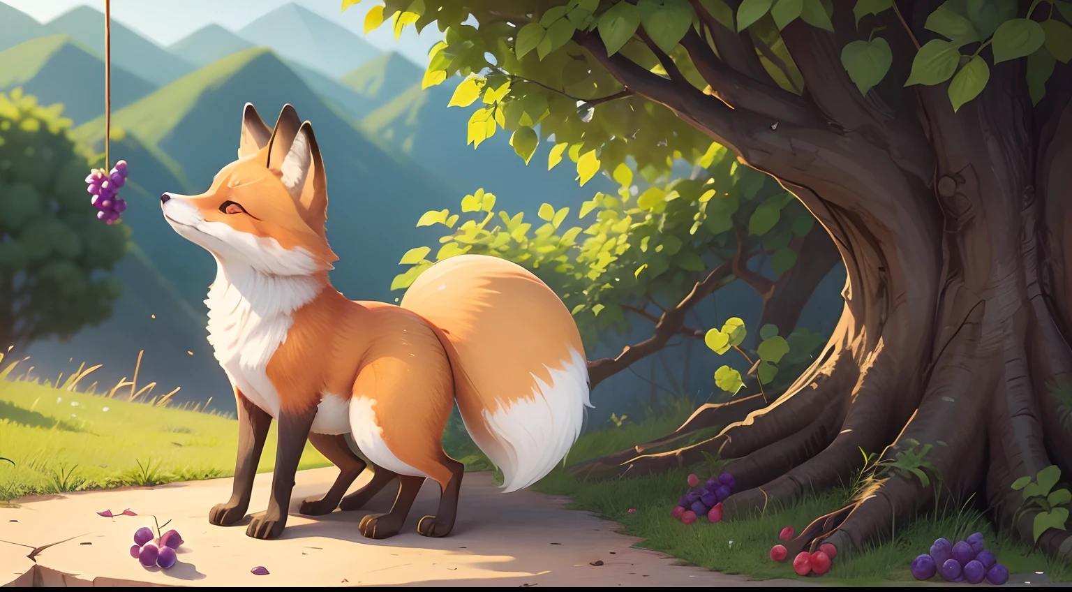 illustration, super cute, during the day, one fox watching a bunch of grapes hanging out of reach